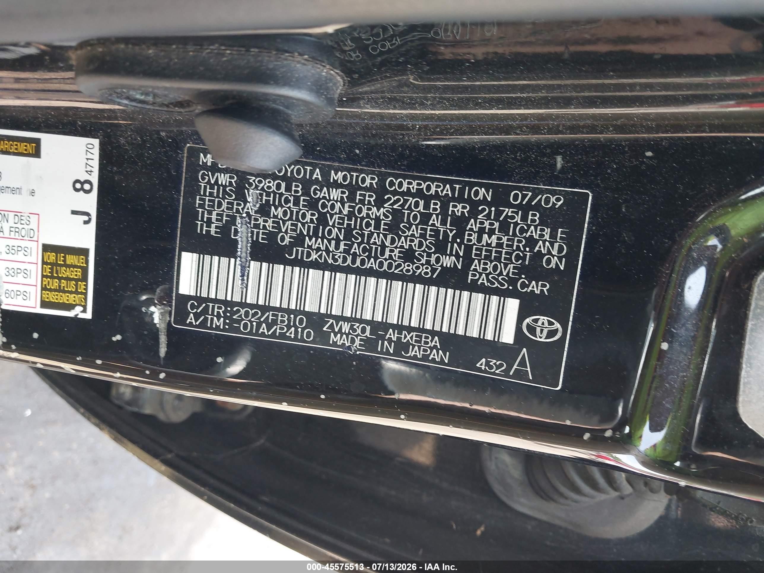 2010 Toyota Prius Iii Black vin: JTDKN3DU0A0028987