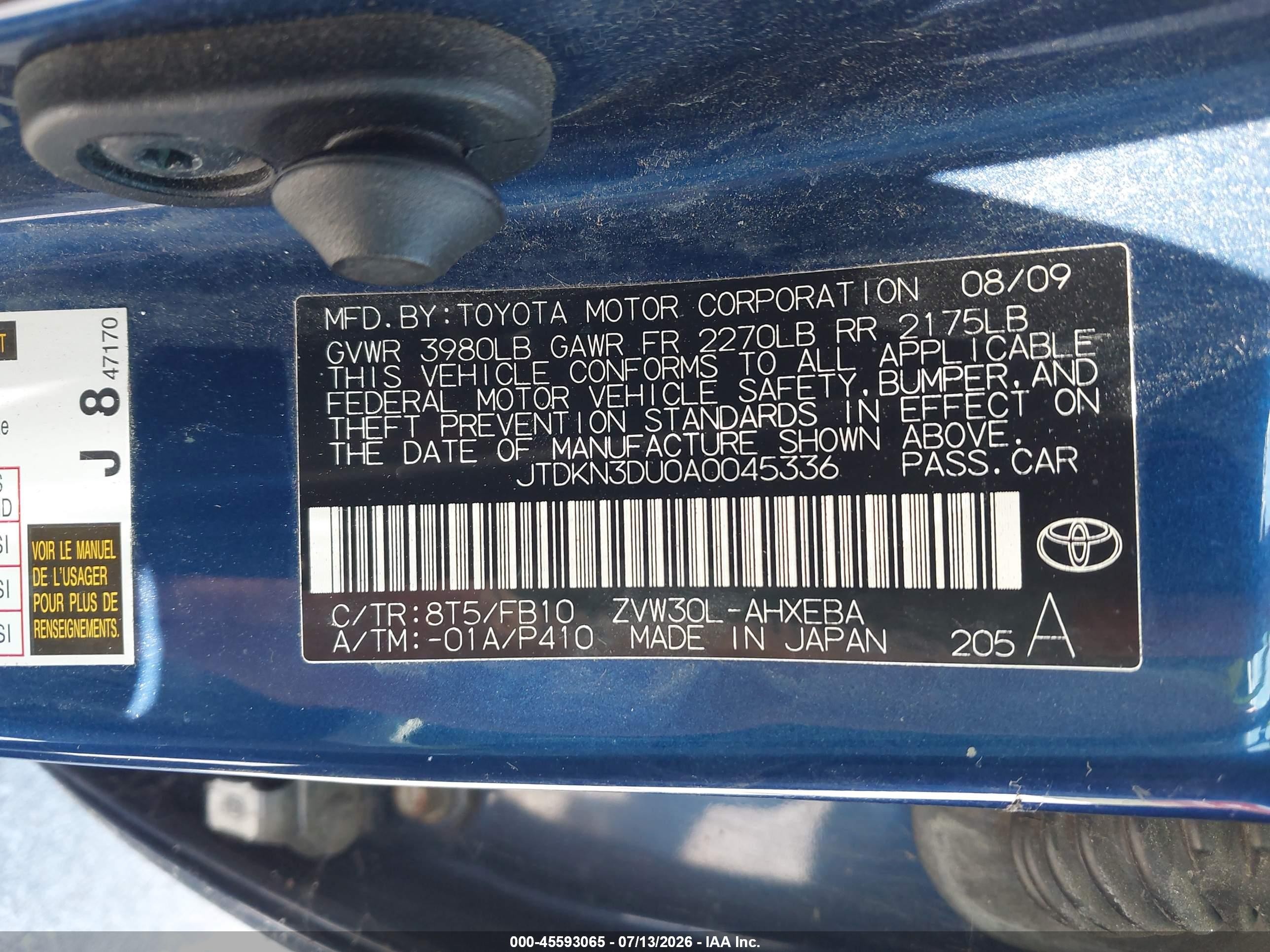 2010 Toyota Prius Iii Blue vin: JTDKN3DU0A0045336