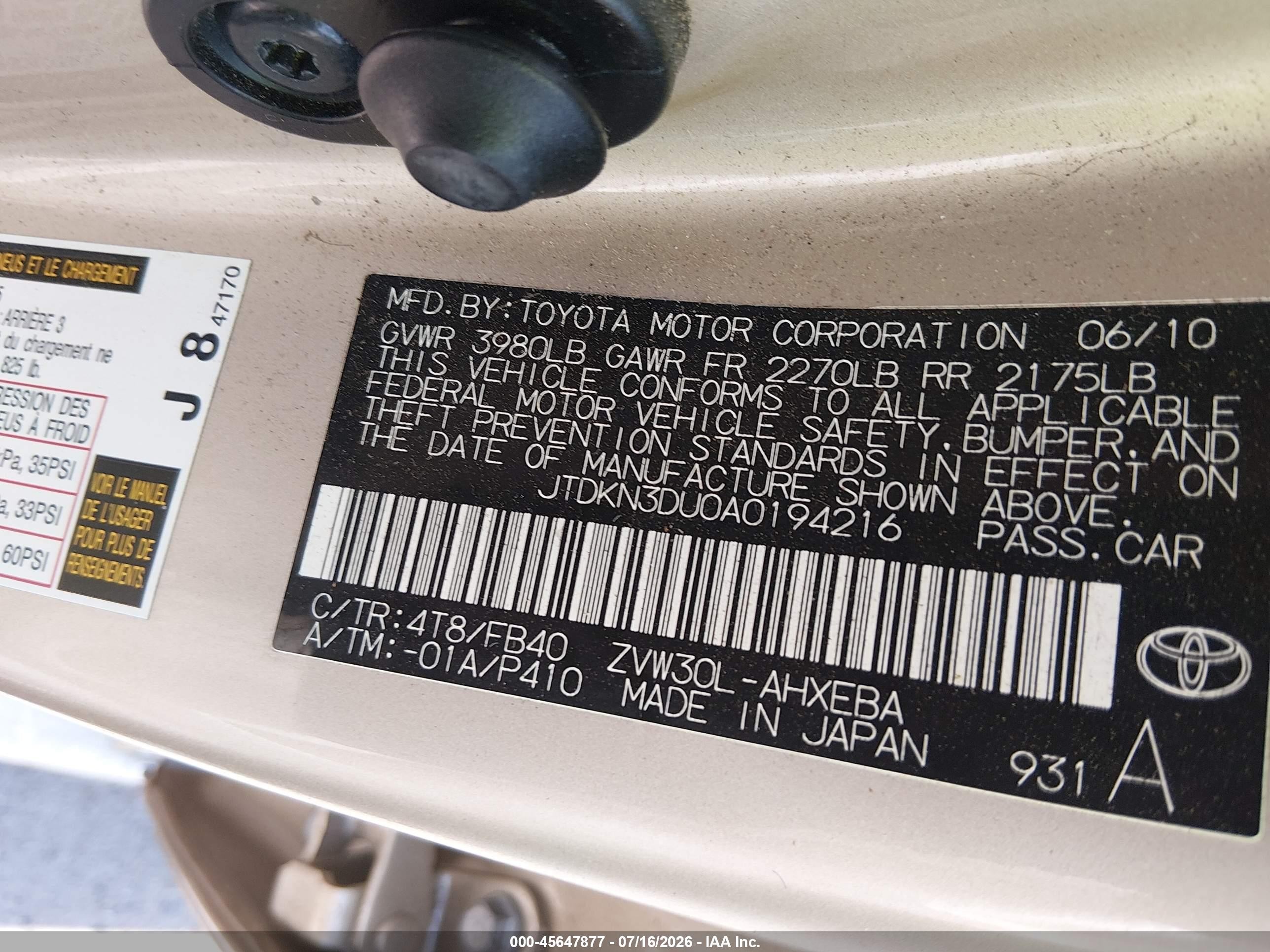2010 Toyota Prius Ii Gold vin: JTDKN3DU0A0194216