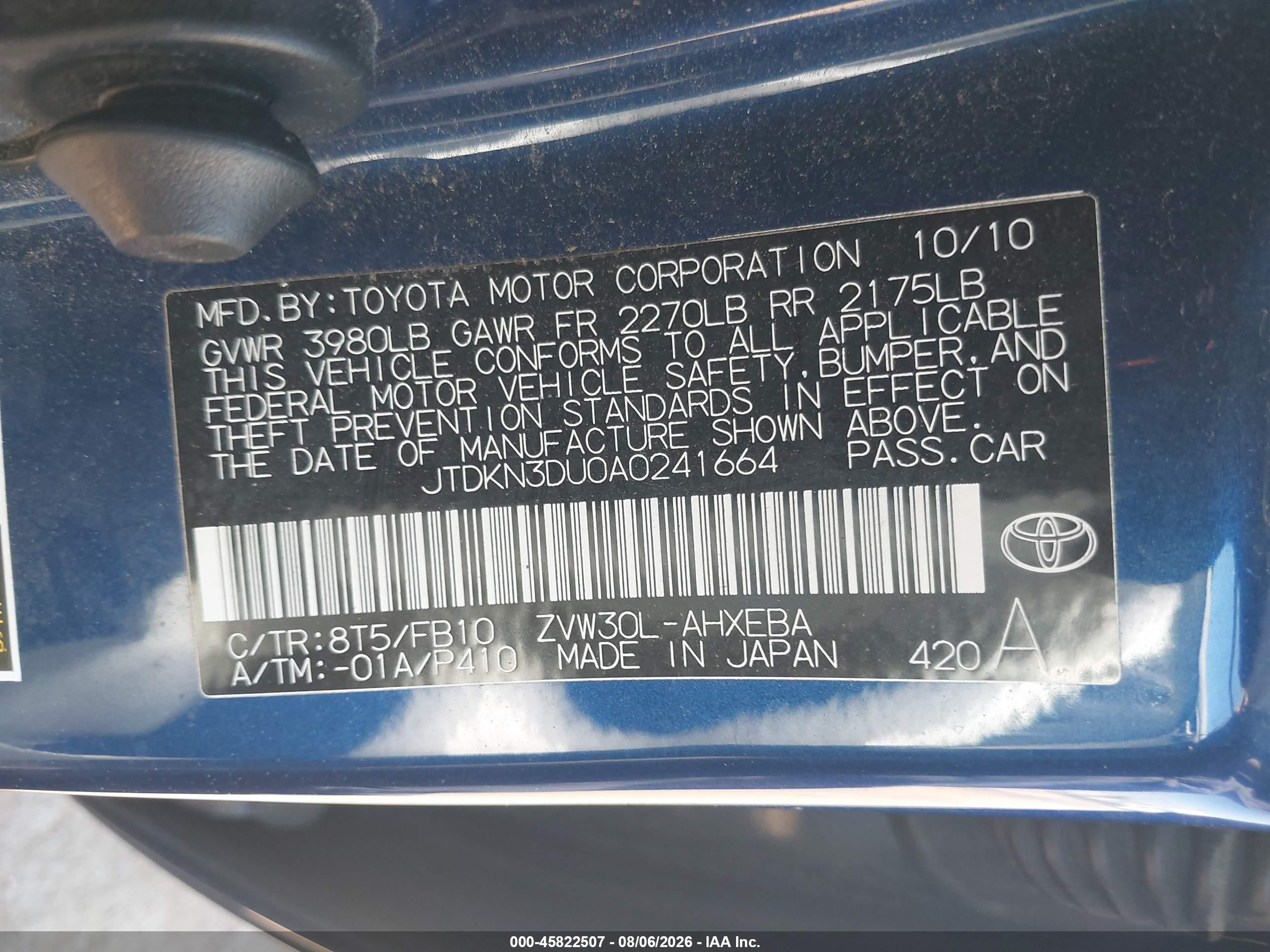 2010 Toyota Prius Iii Blue vin: JTDKN3DU0A0241664