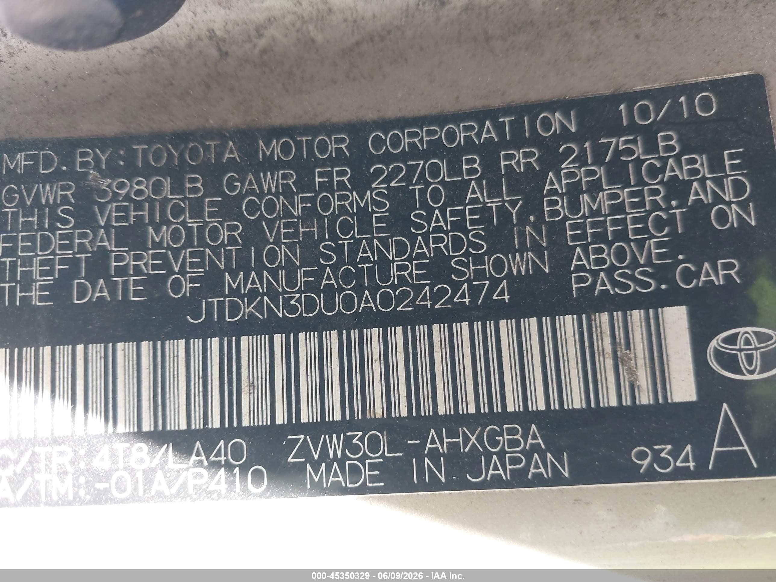 2010 Toyota Prius Iv Gold vin: JTDKN3DU0A0242474