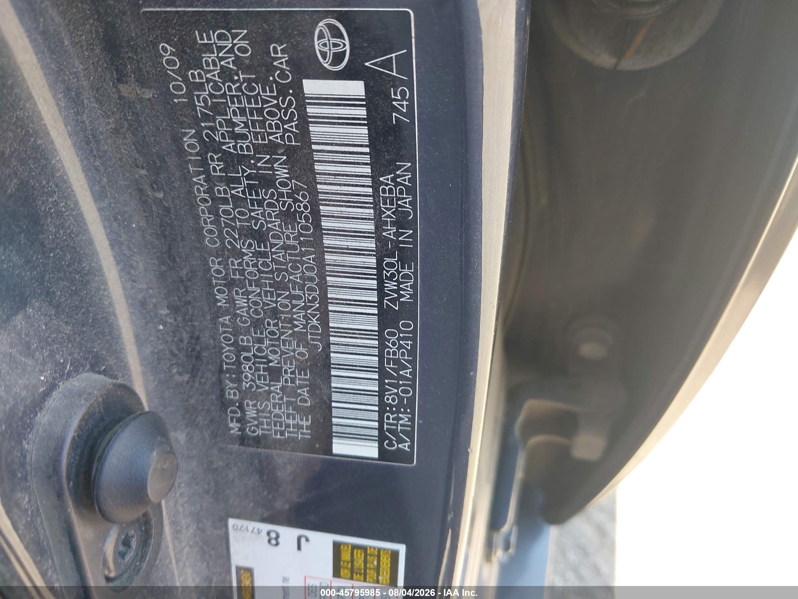 2010 Toyota Prius   Black vin: JTDKN3DU0A1105867