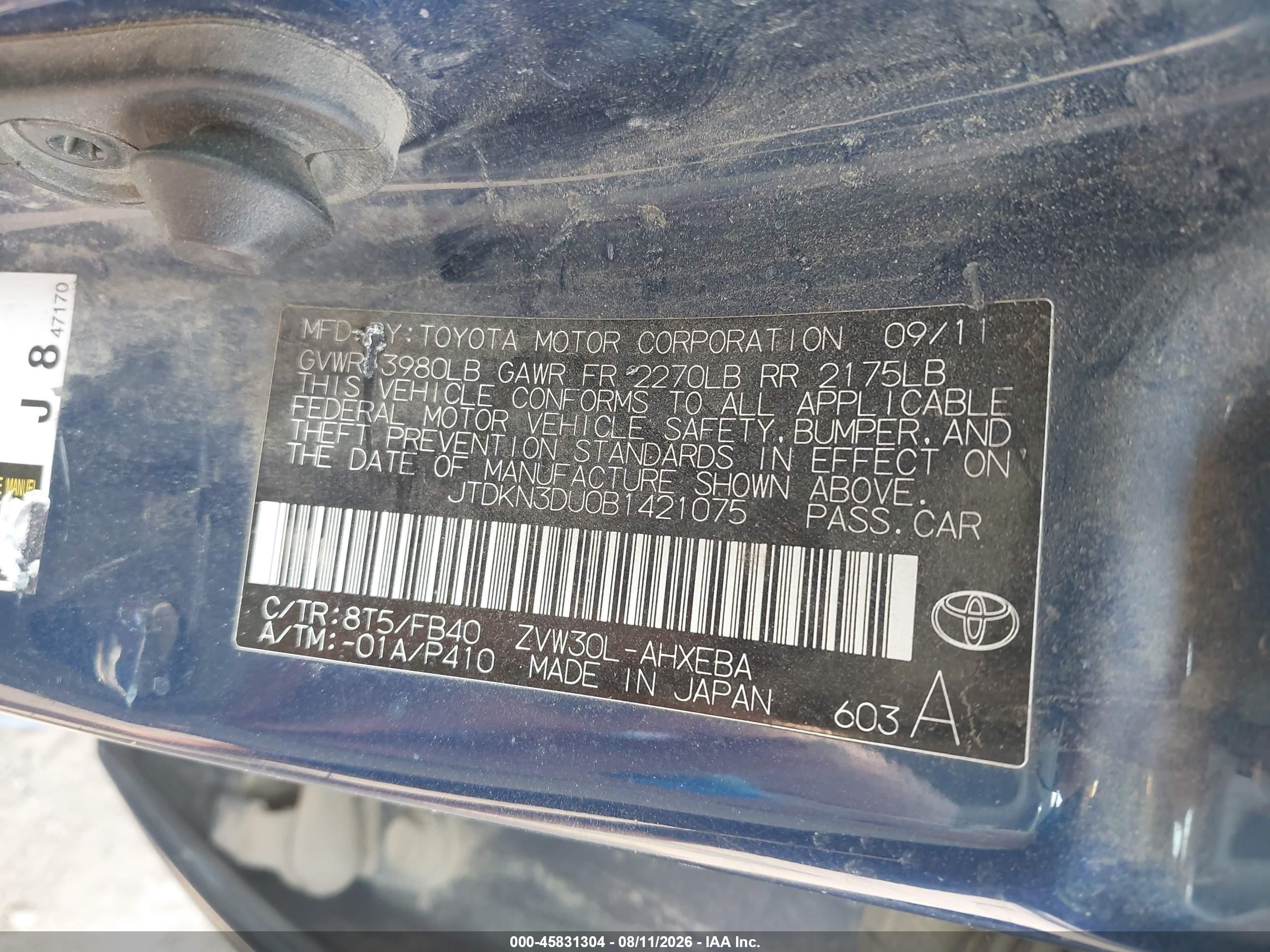2011 Toyota Prius Two Dark Blue vin: JTDKN3DU0B1421075