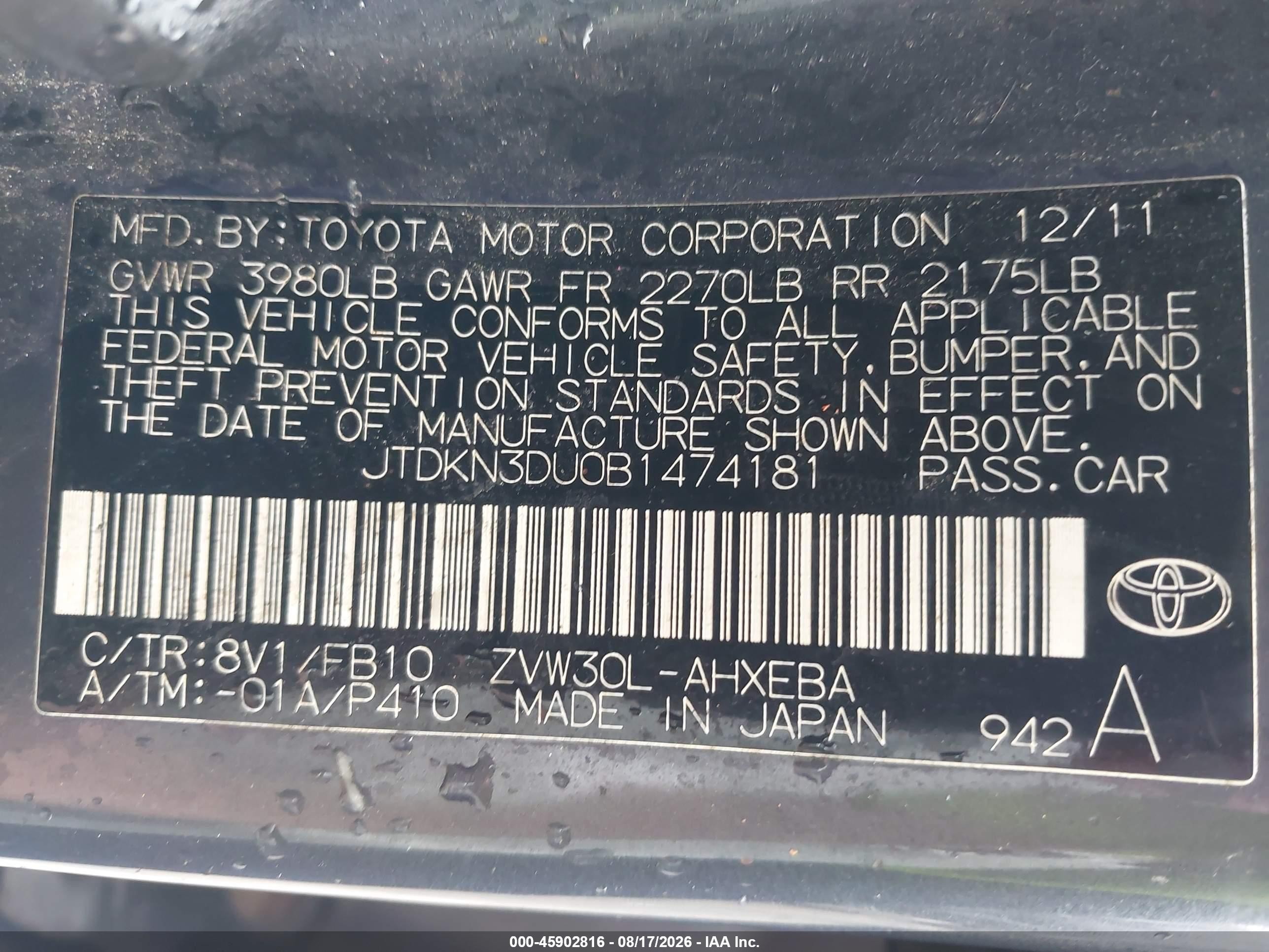2011 Toyota Prius Two Gray vin: JTDKN3DU0B1474181