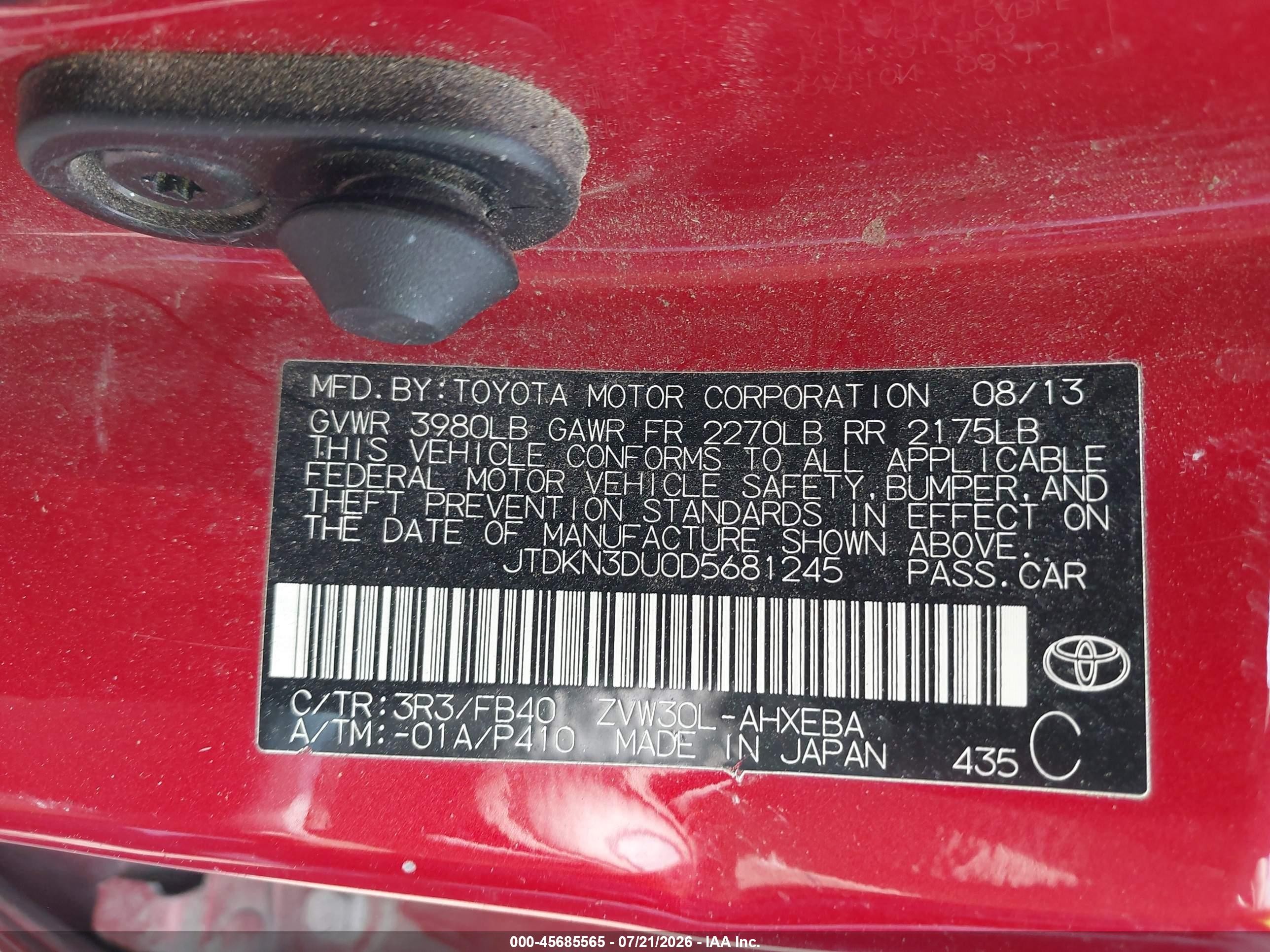 2013 Toyota Prius Three Red vin: JTDKN3DU0D5681245
