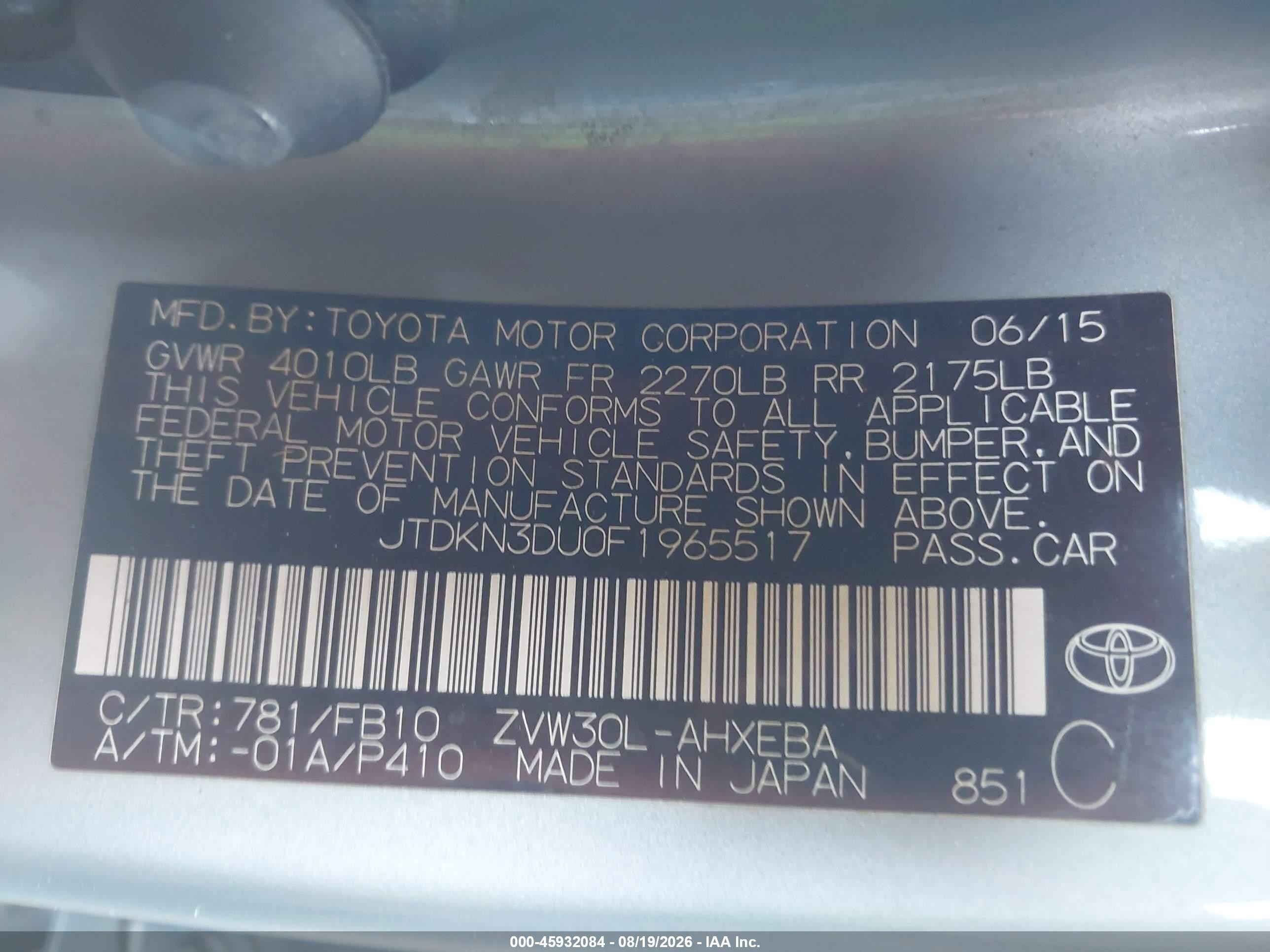 2015 Toyota Prius Two Black vin: JTDKN3DU0F1965517