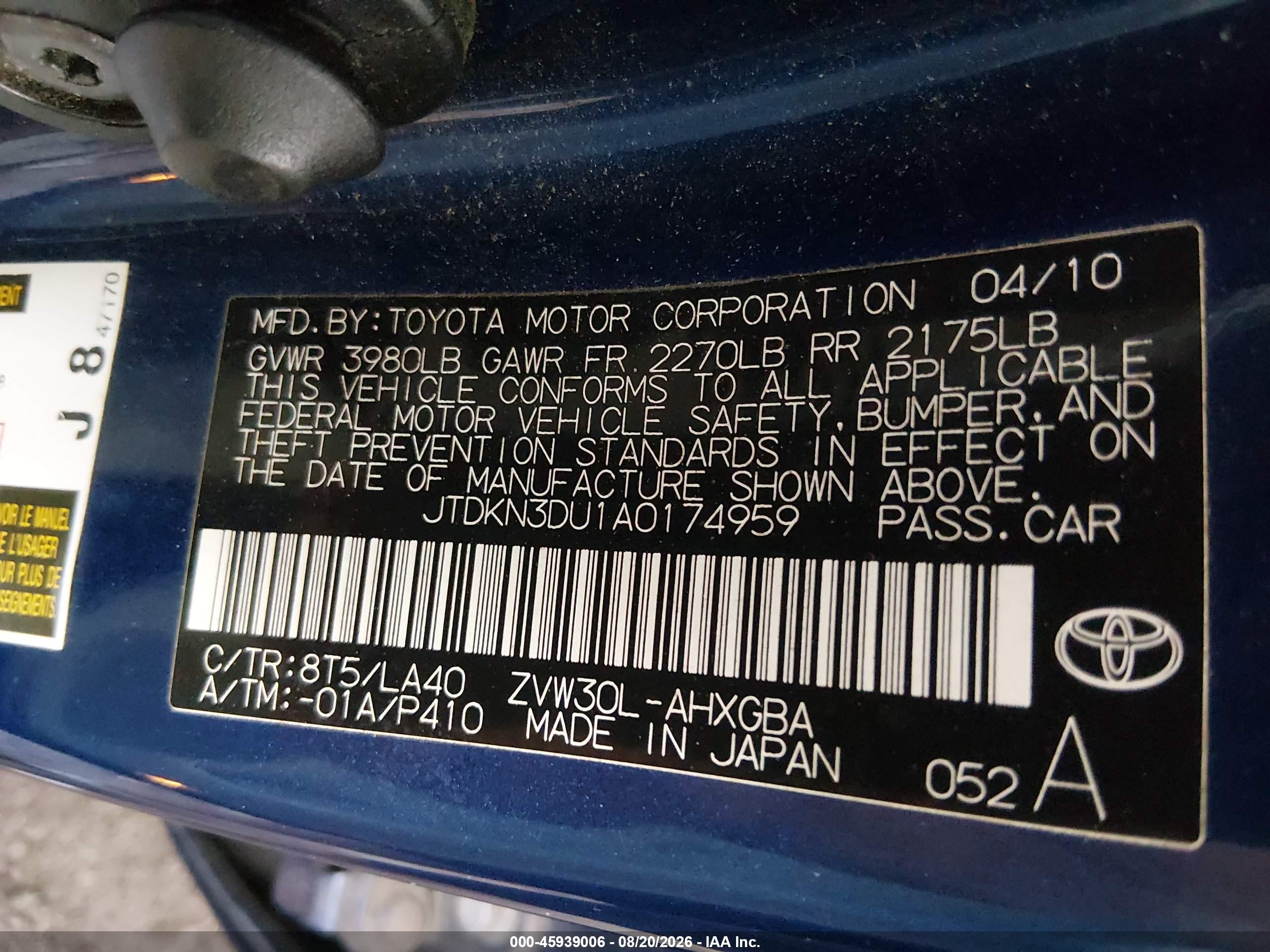 2010 Toyota Prius Iv Blue vin: JTDKN3DU1A0174959