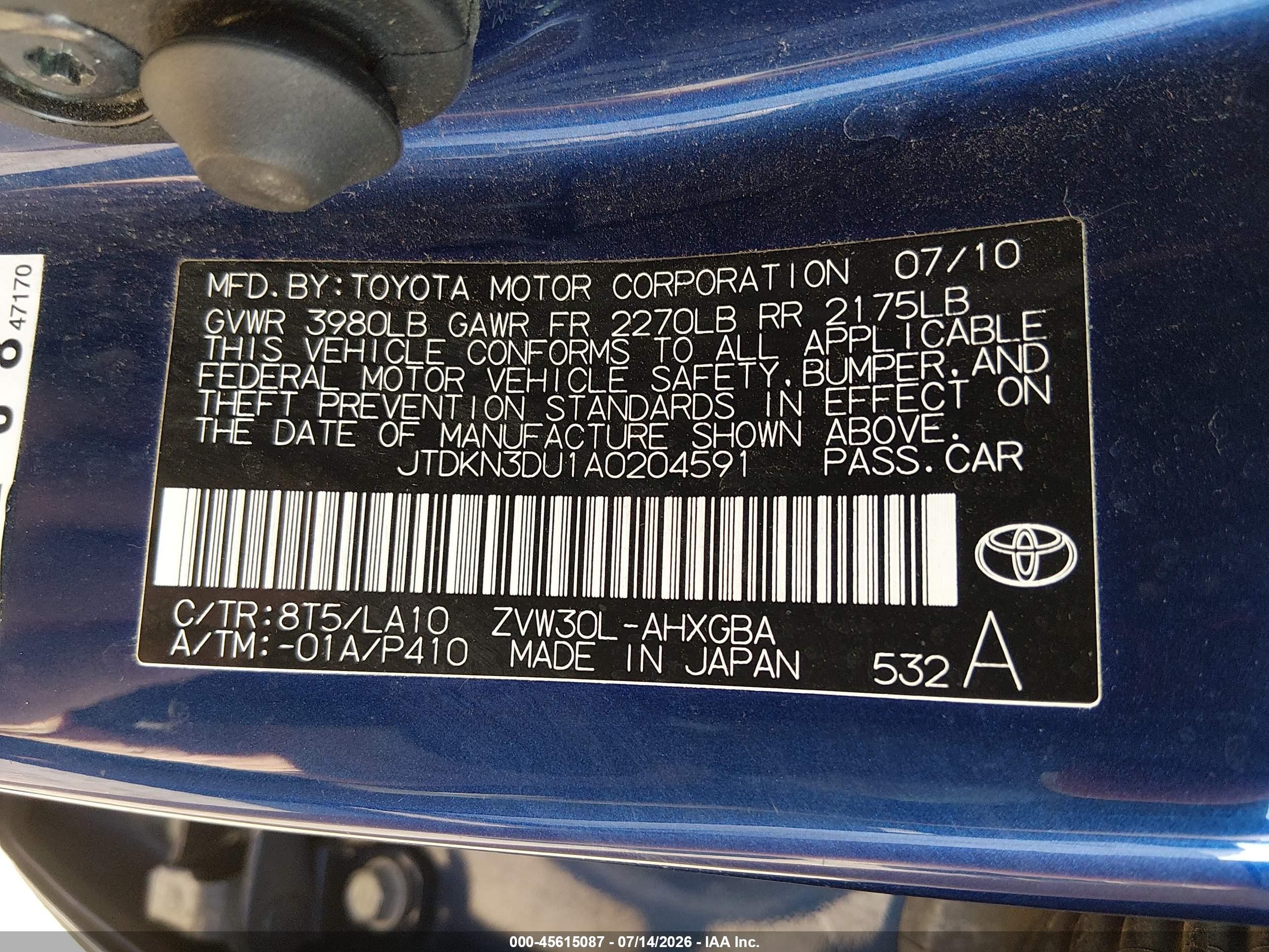 2010 Toyota Prius Iv Blue vin: JTDKN3DU1A0204591