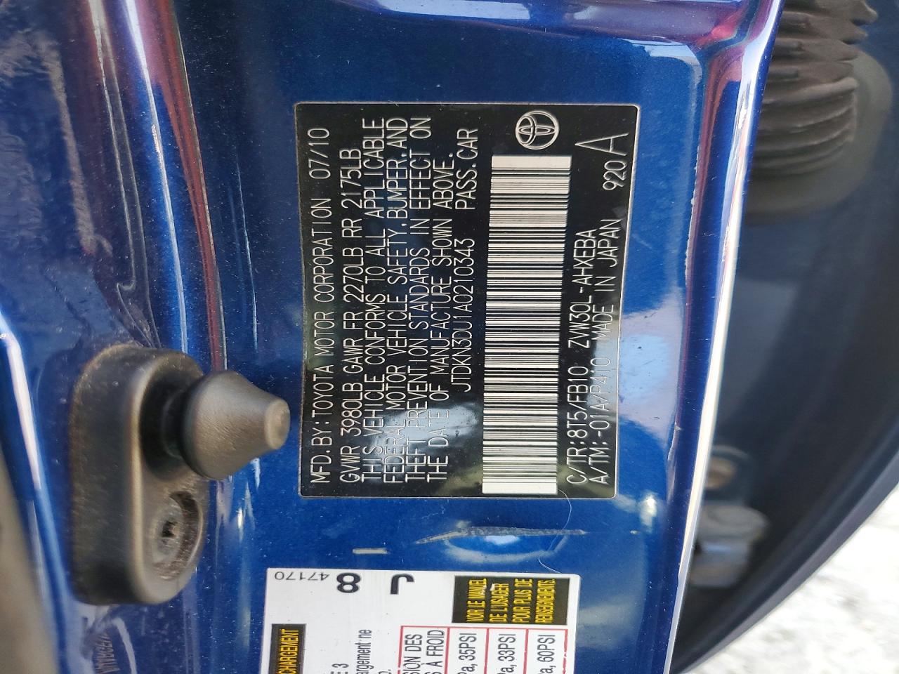 2010 Toyota Prius Iii Blue vin: JTDKN3DU1A0210343