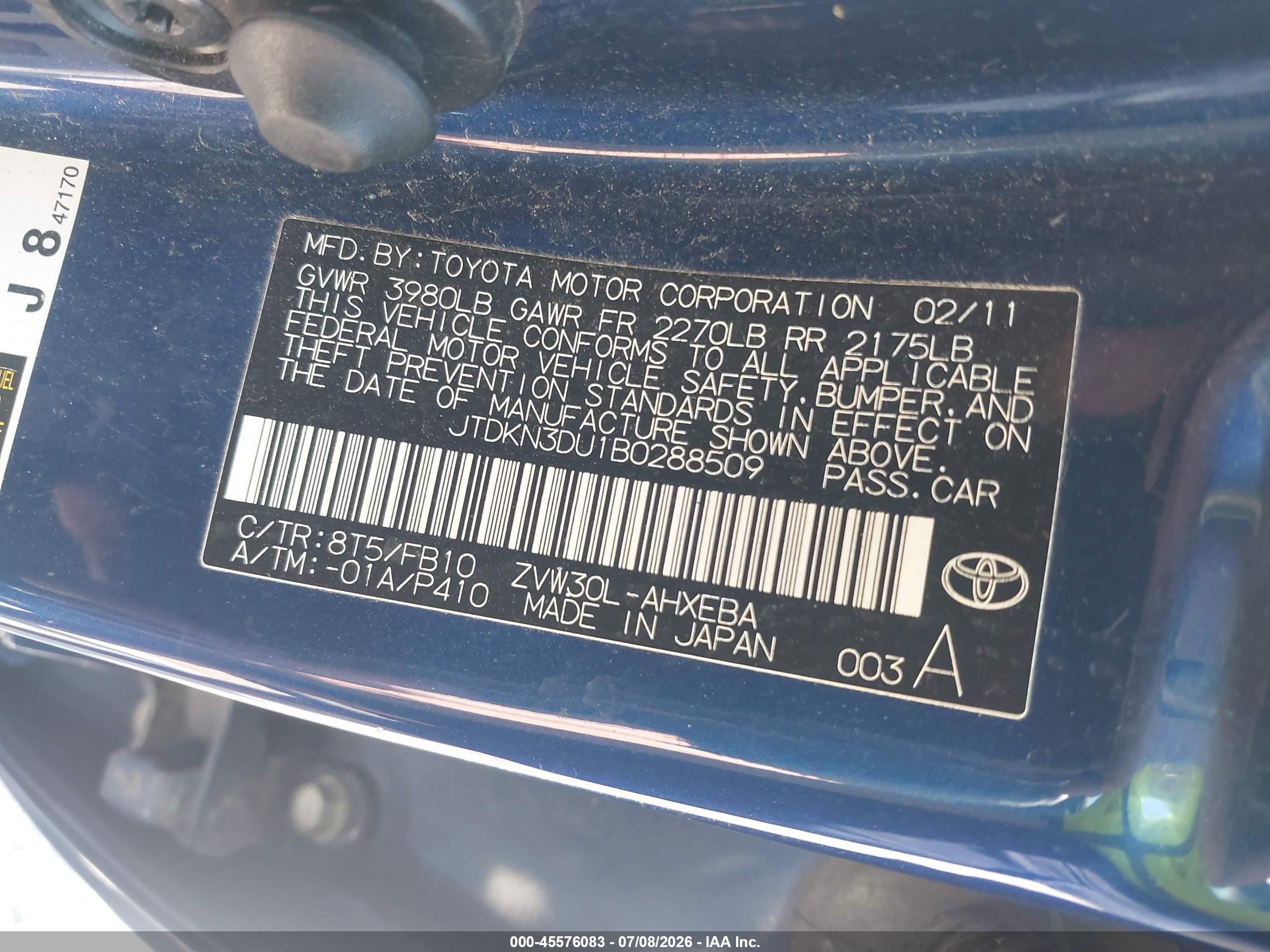 2011 Toyota Prius Three Blue vin: JTDKN3DU1B0288509