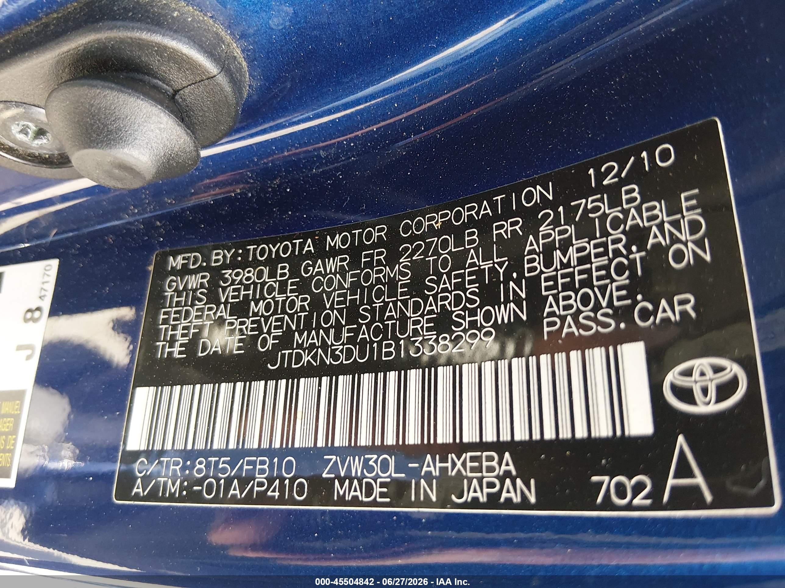 2011 Toyota Prius Three Blue vin: JTDKN3DU1B1338299