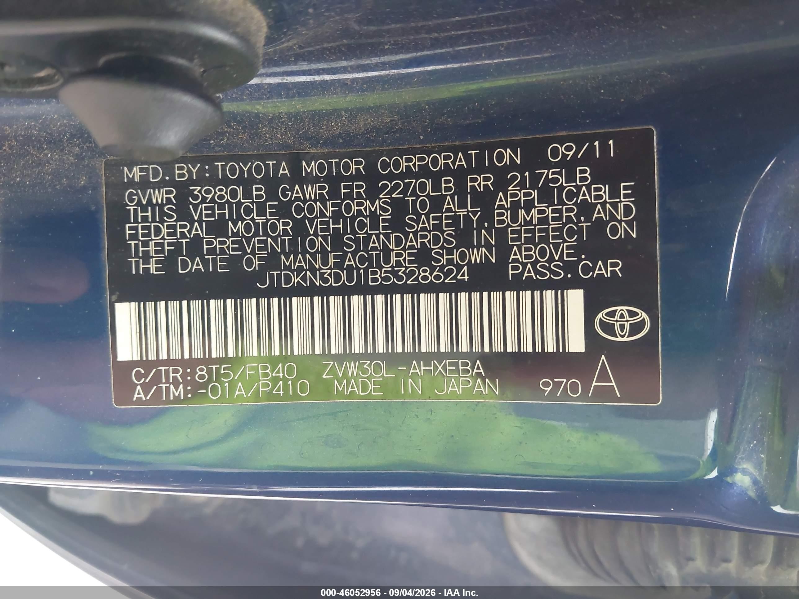 2011 Toyota Prius Two Blue vin: JTDKN3DU1B5328624