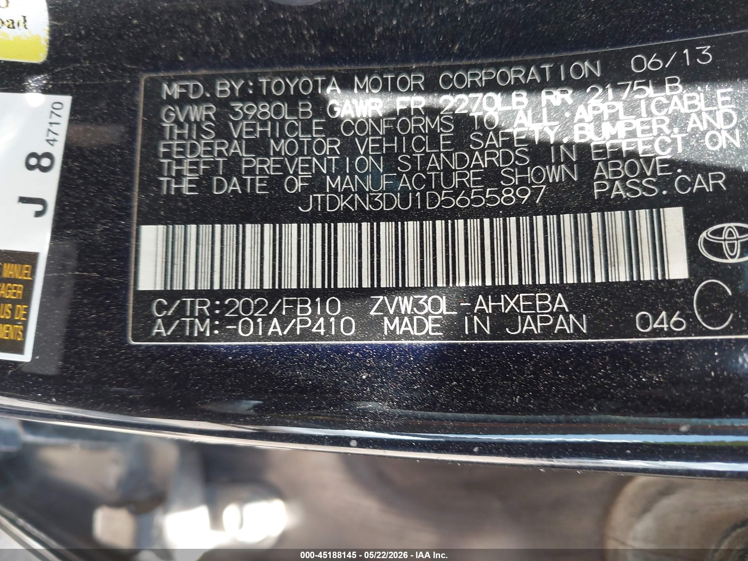 2013 Toyota Prius Three Black vin: JTDKN3DU1D5655897