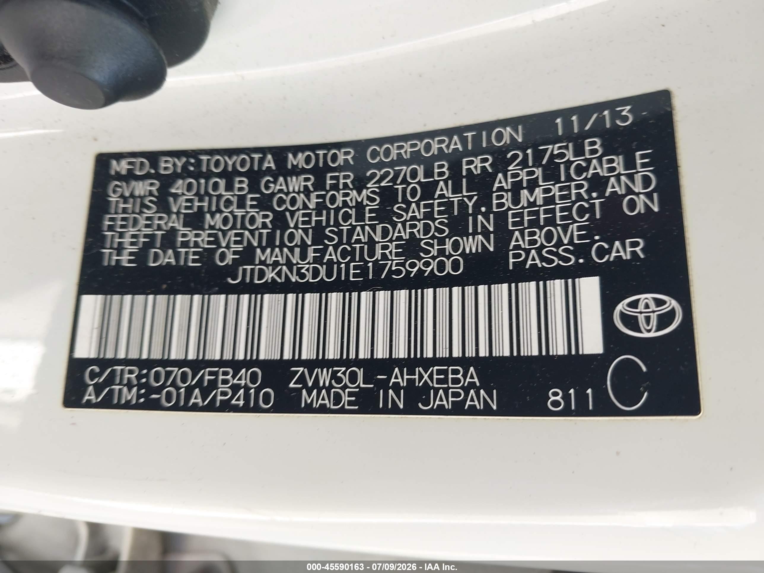 2014 Toyota Prius Two White vin: JTDKN3DU1E1759900