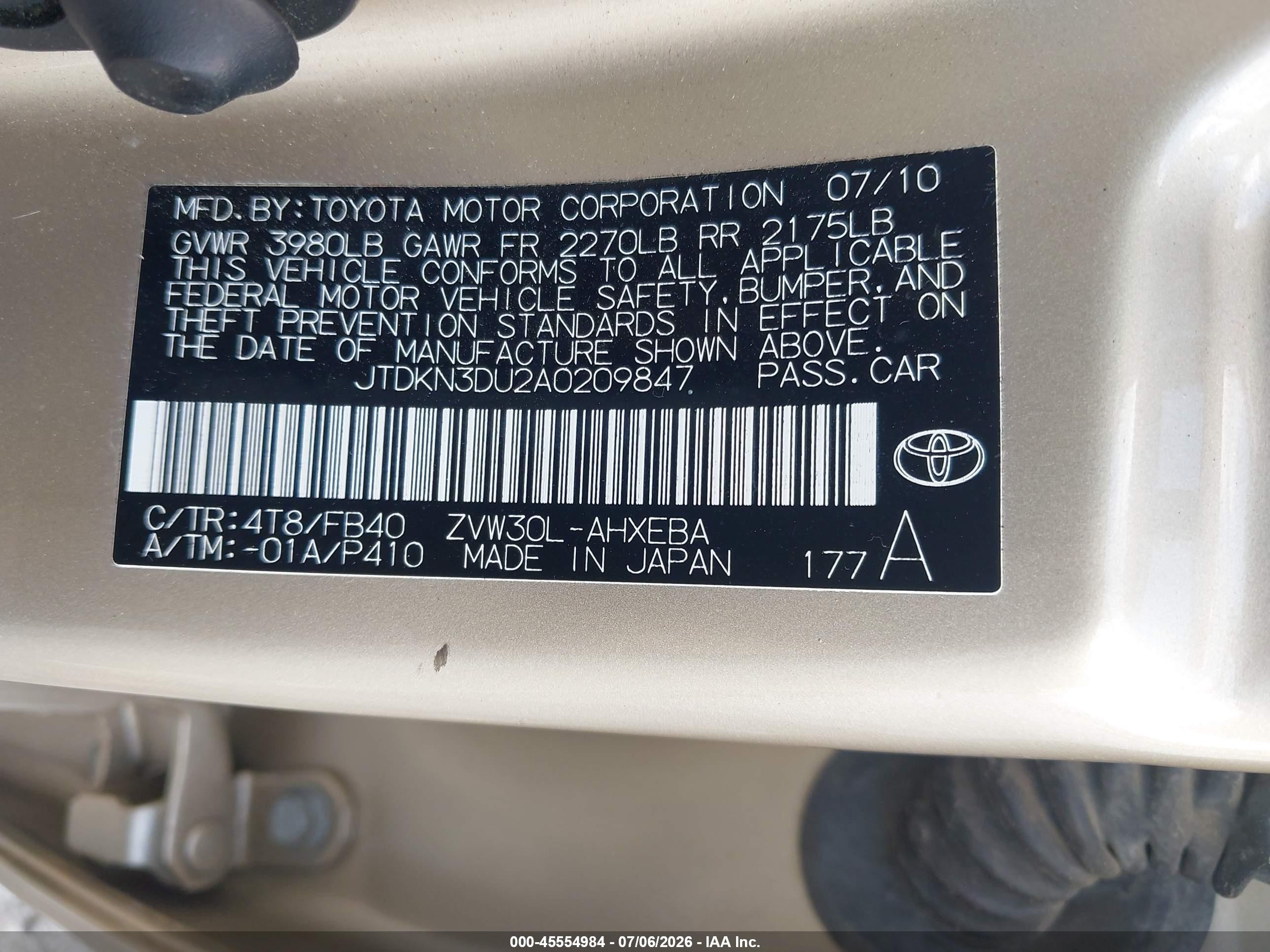 2010 Toyota Prius Ii Champagne vin: JTDKN3DU2A0209847