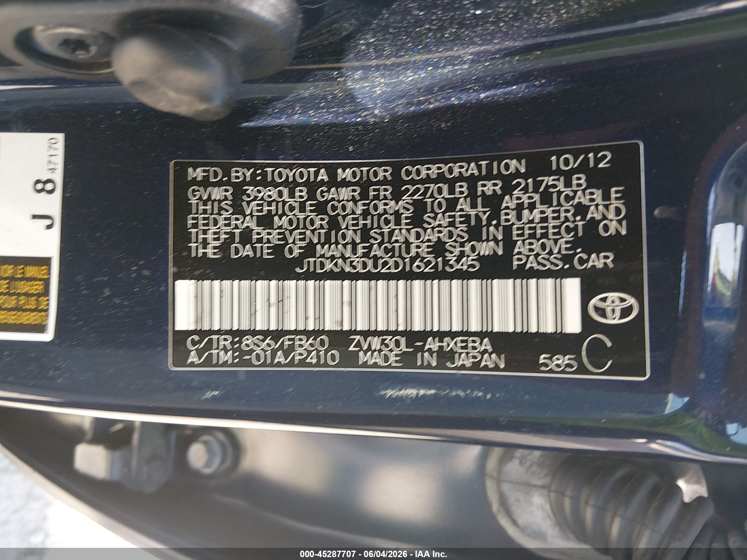 2013 Toyota Prius Two Blue vin: JTDKN3DU2D1621345