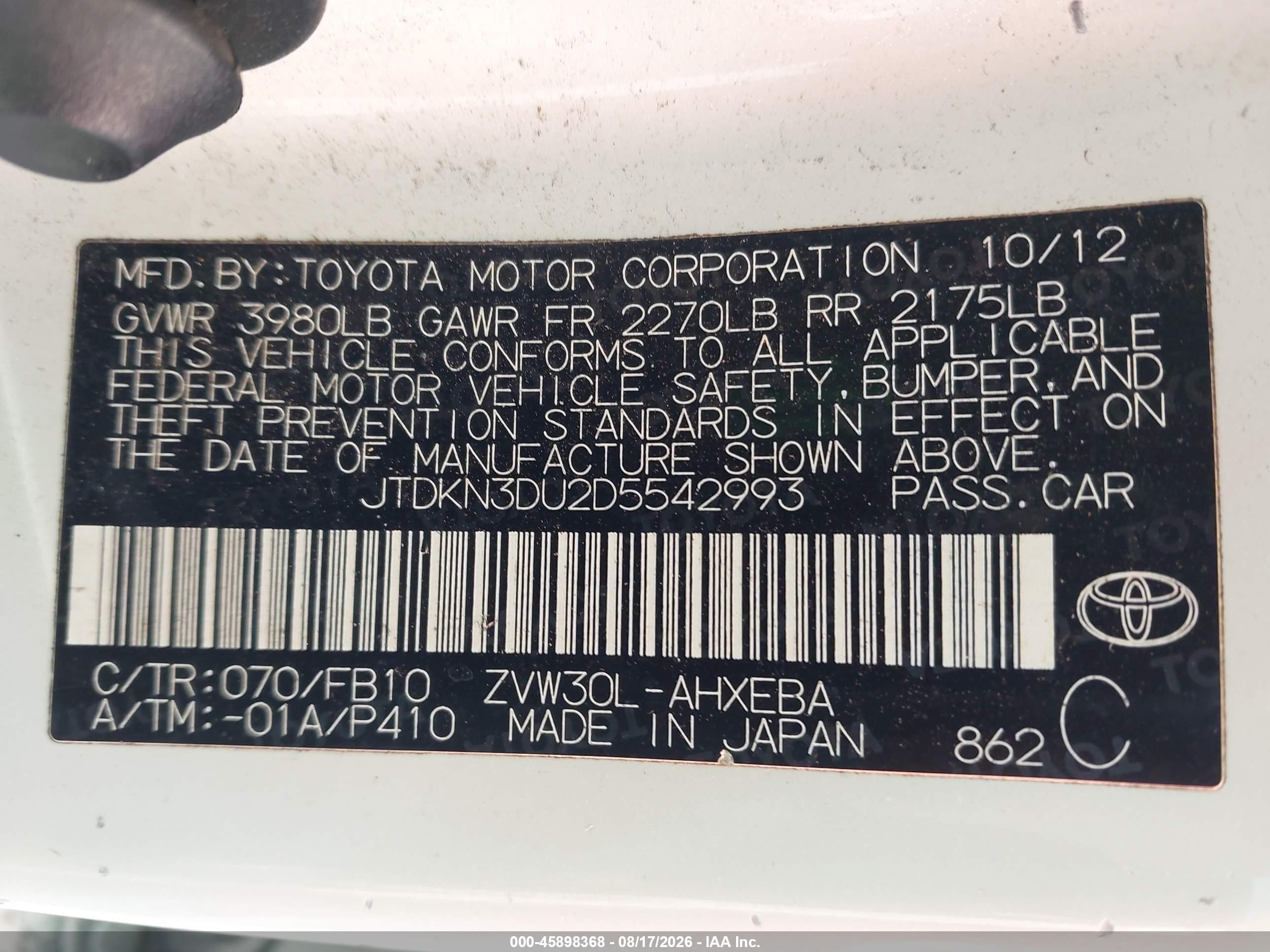 2013 Toyota Prius Two White vin: JTDKN3DU2D5542993