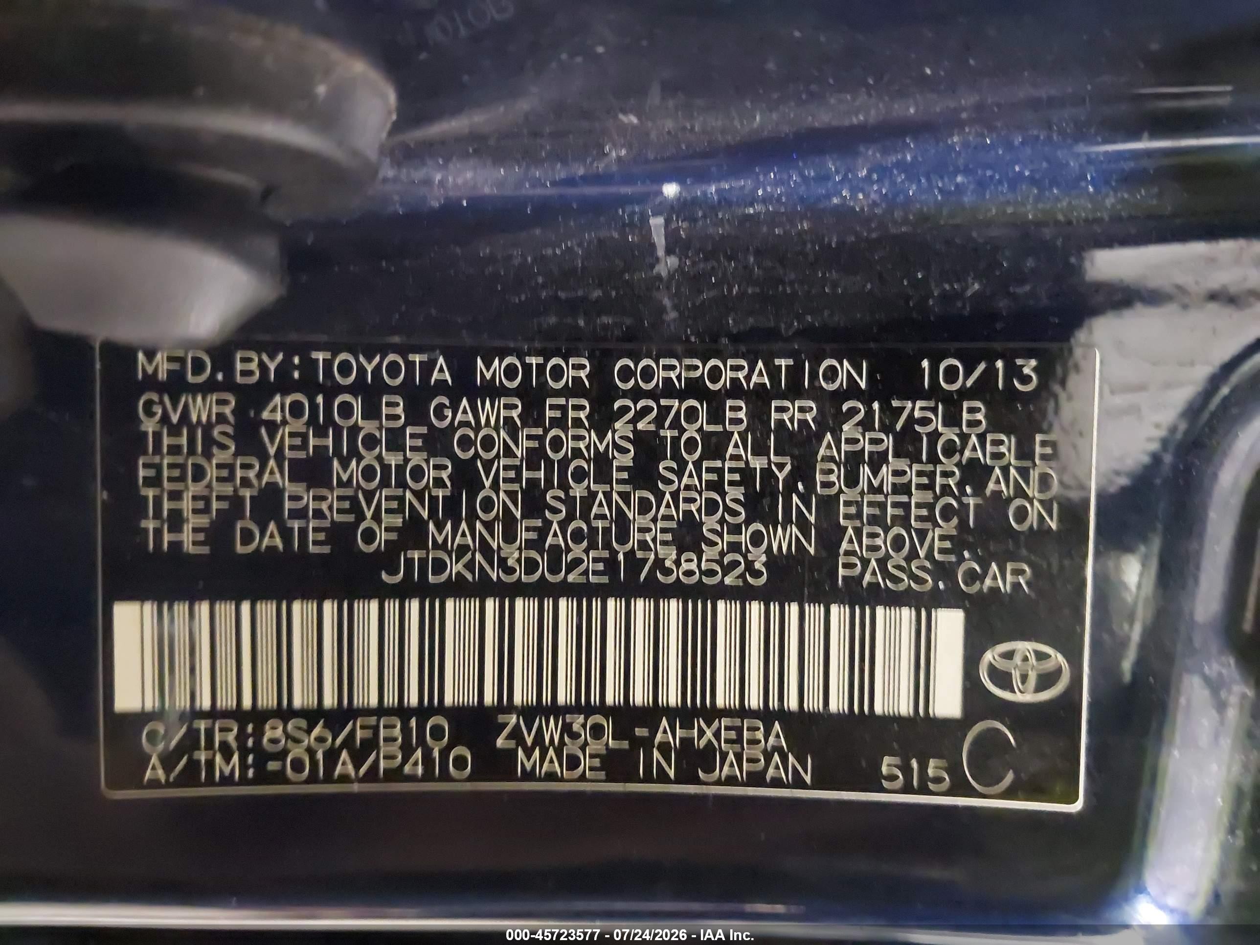 2014 Toyota Prius Two Blue vin: JTDKN3DU2E1738523