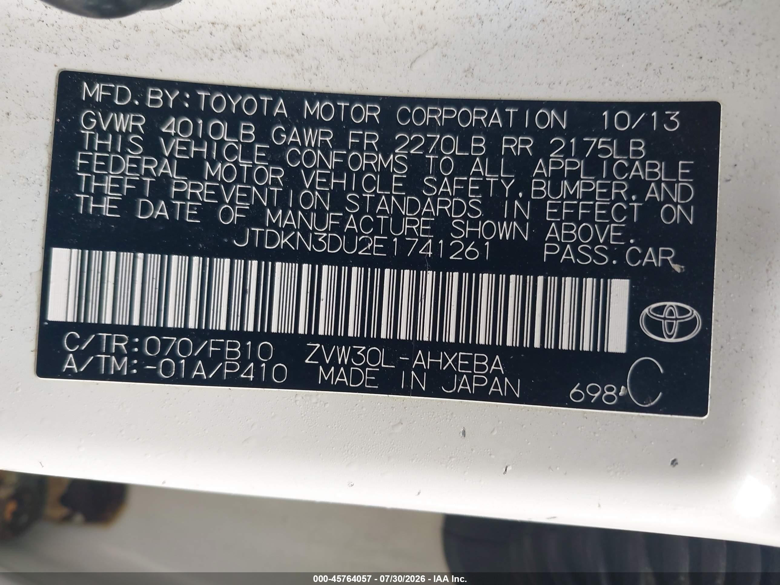 2014 Toyota Prius Three White vin: JTDKN3DU2E1741261