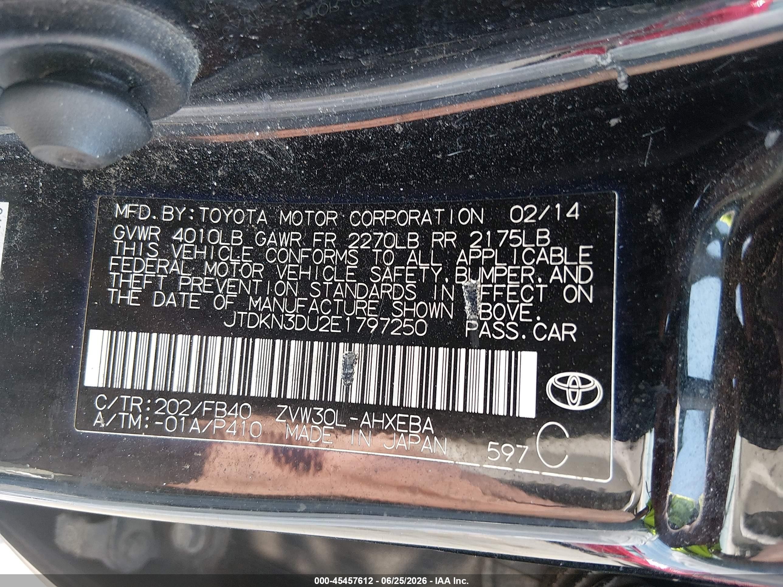 2014 Toyota Prius Two Black vin: JTDKN3DU2E1797250