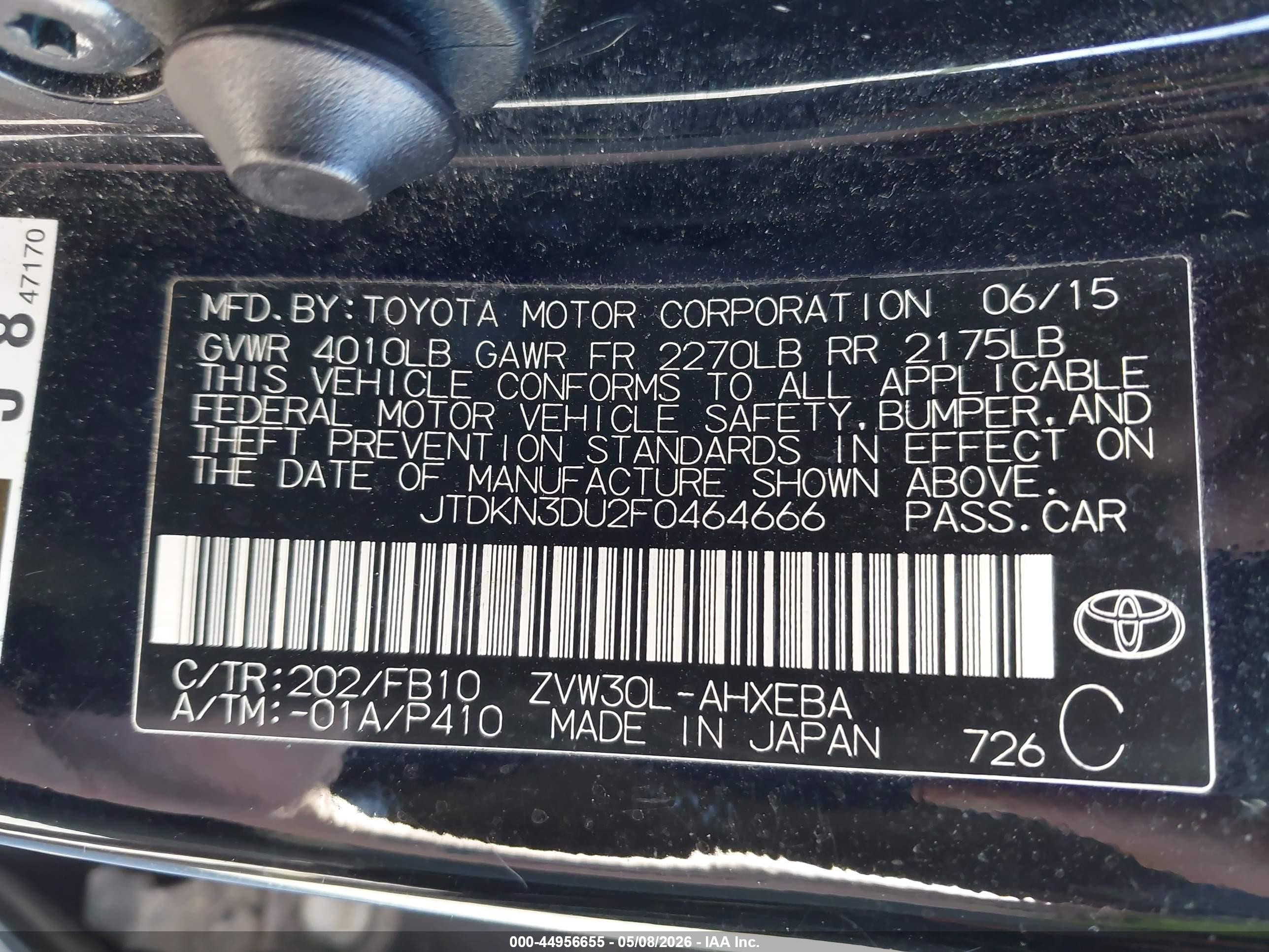 2015 Toyota Prius Two Black vin: JTDKN3DU2F0464666