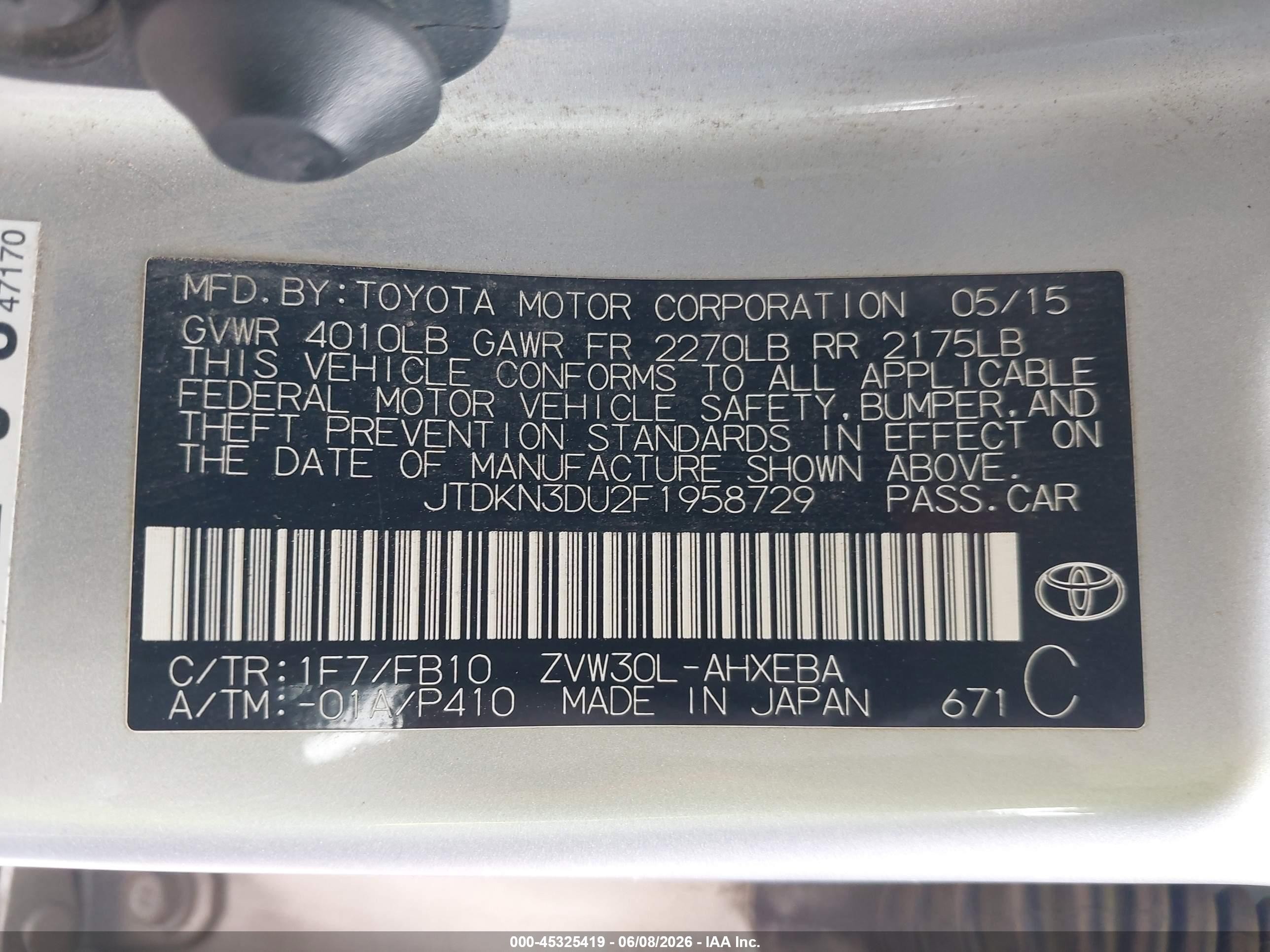2015 Toyota Prius Two Silver vin: JTDKN3DU2F1958729