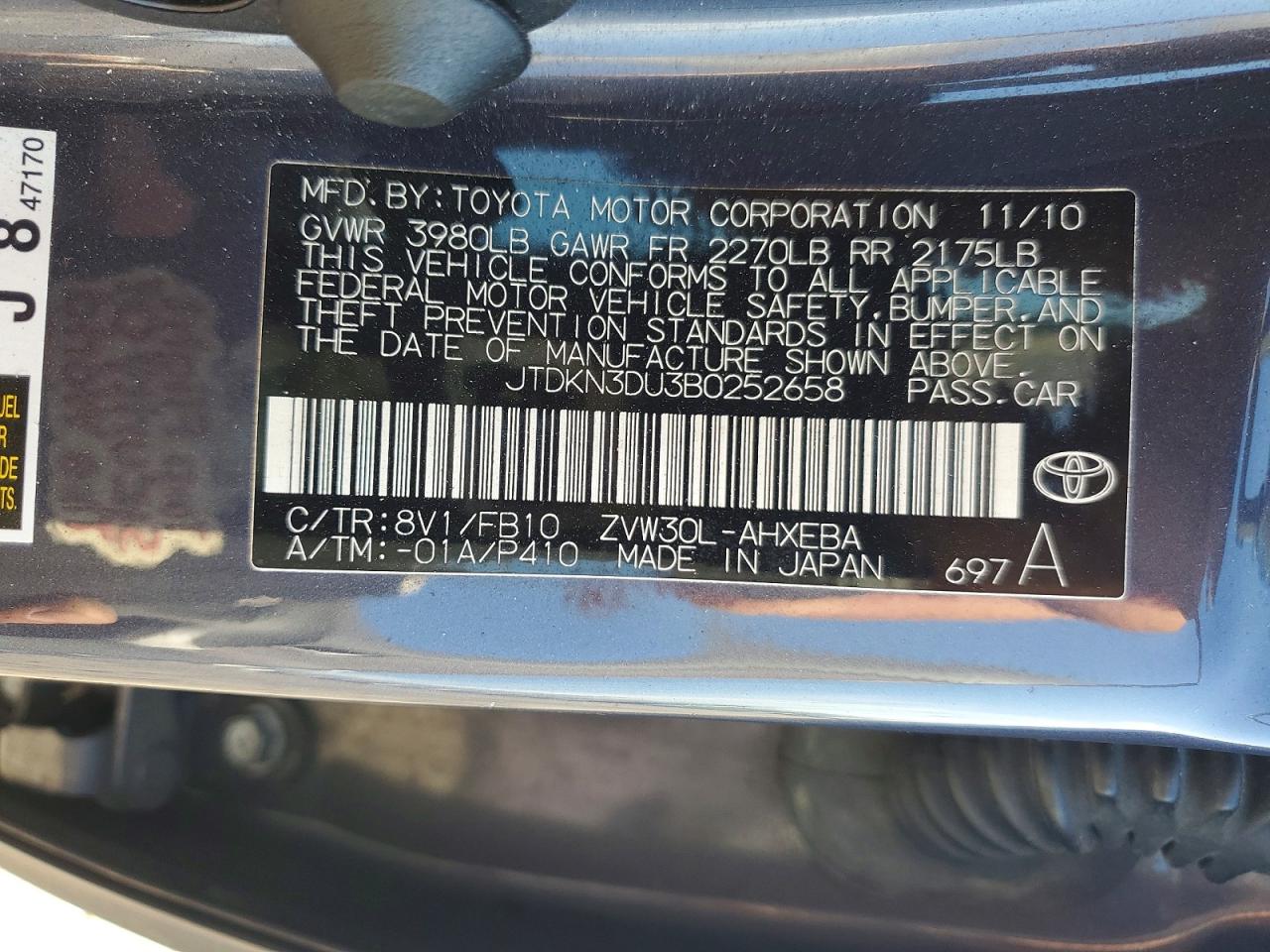 2011 Toyota Prius Two Gray vin: JTDKN3DU3B0252658