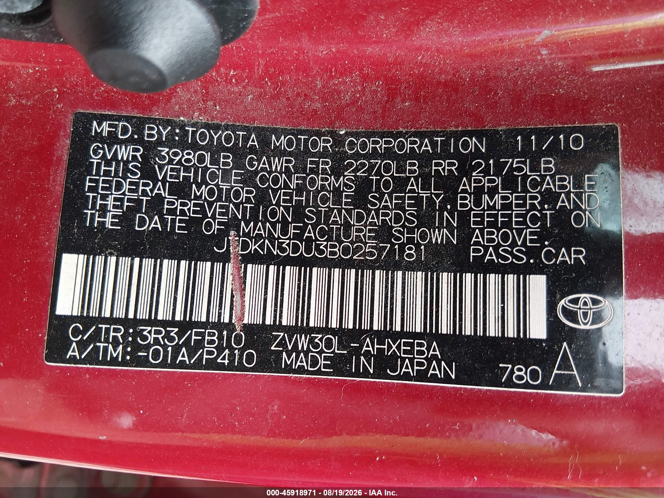 2011 Toyota Prius Two Red vin: JTDKN3DU3B0257181