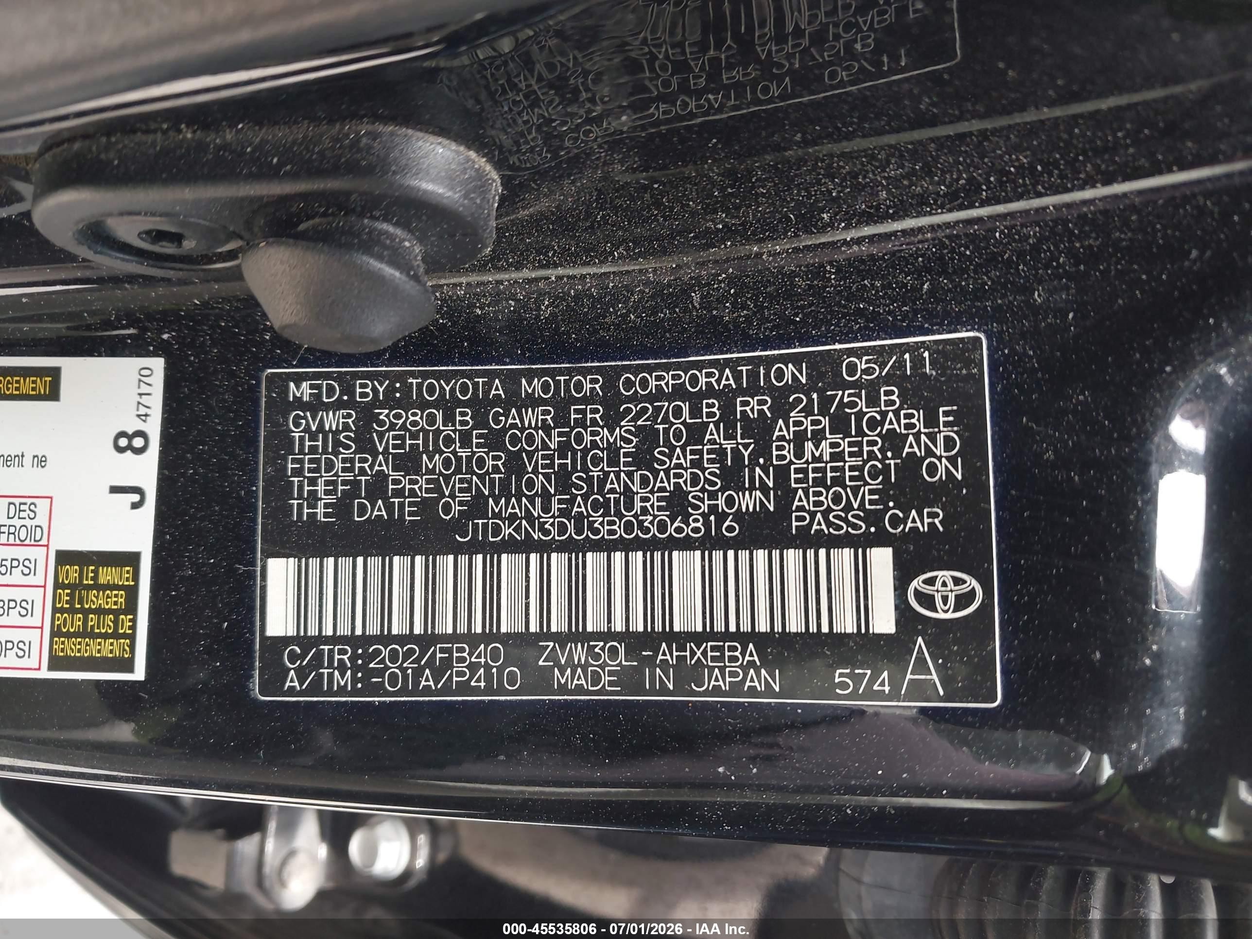 2011 Toyota Prius Three Black vin: JTDKN3DU3B0306816
