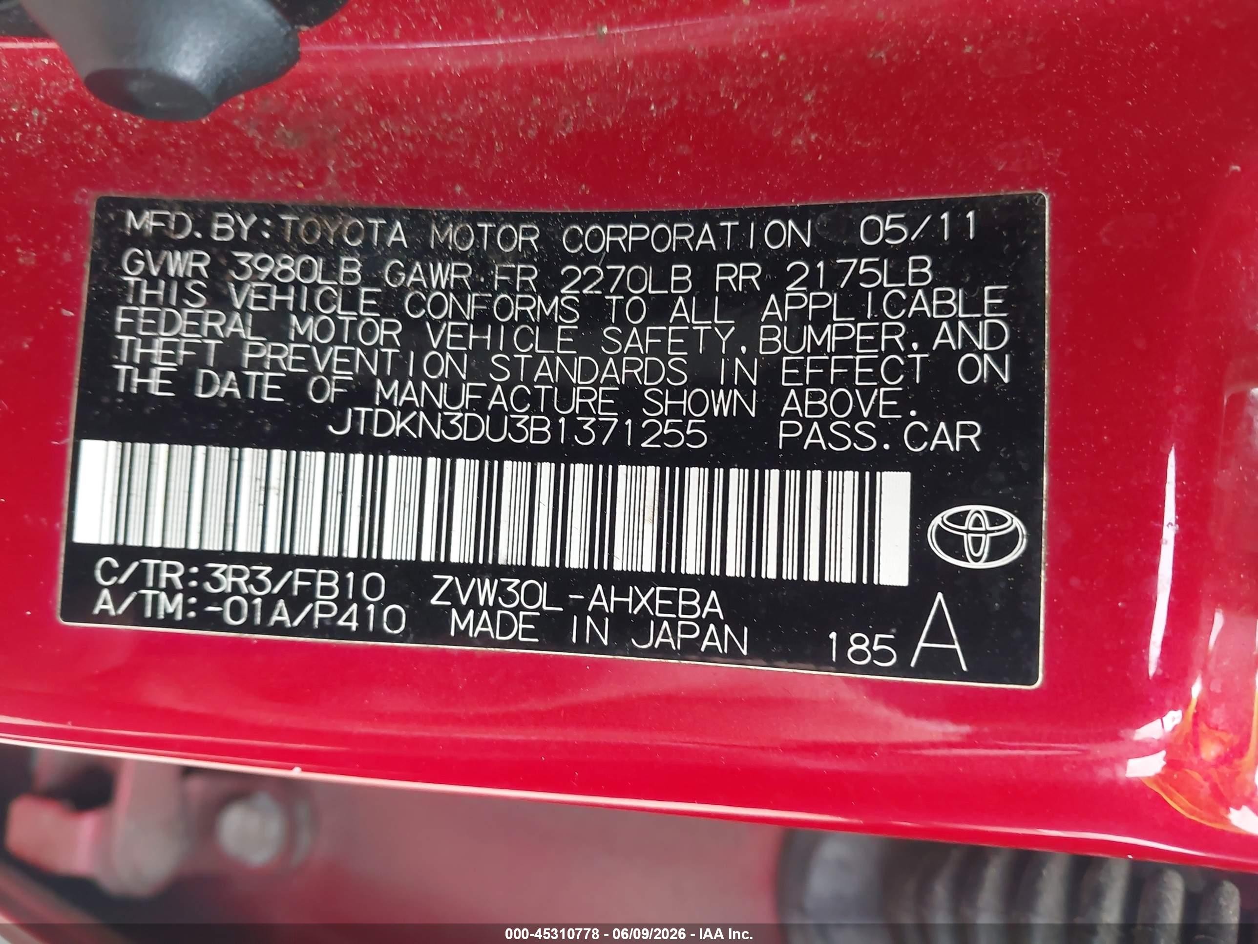 2011 Toyota Prius Two Red vin: JTDKN3DU3B1371255