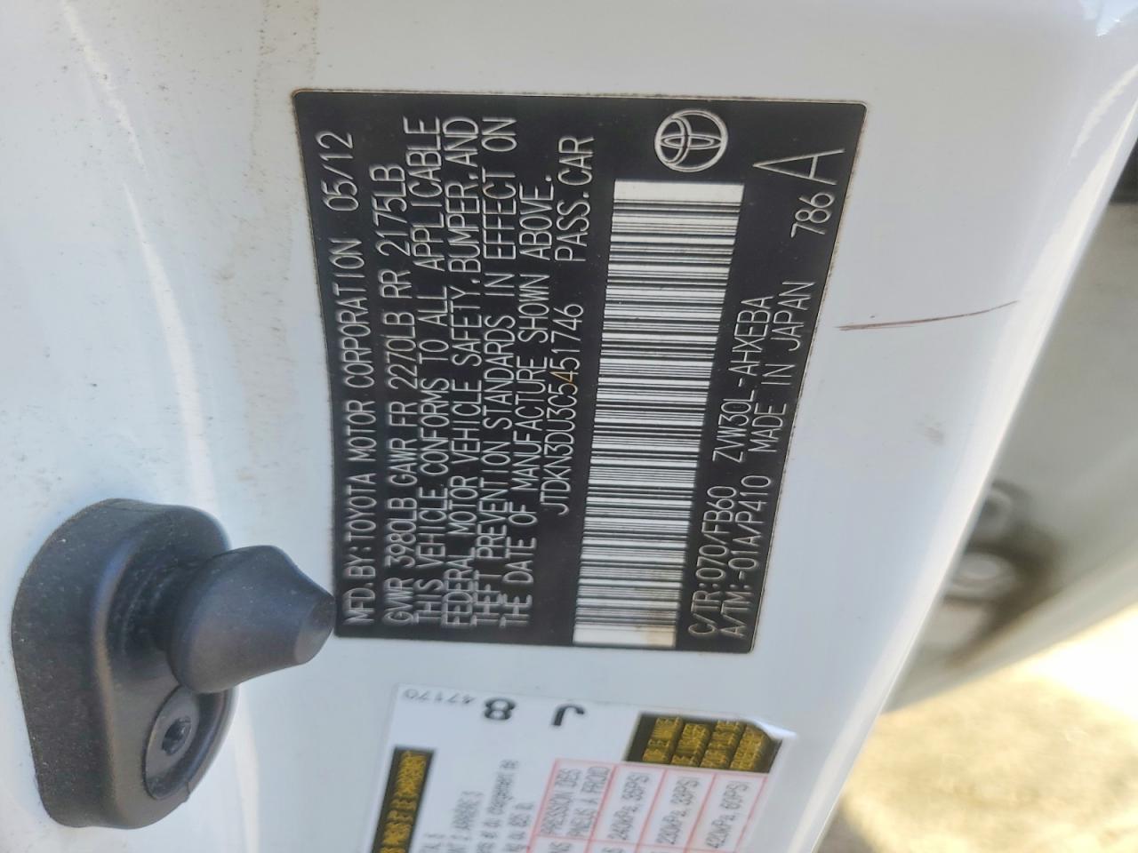 2012 Toyota Prius Two White vin: JTDKN3DU3C5451746