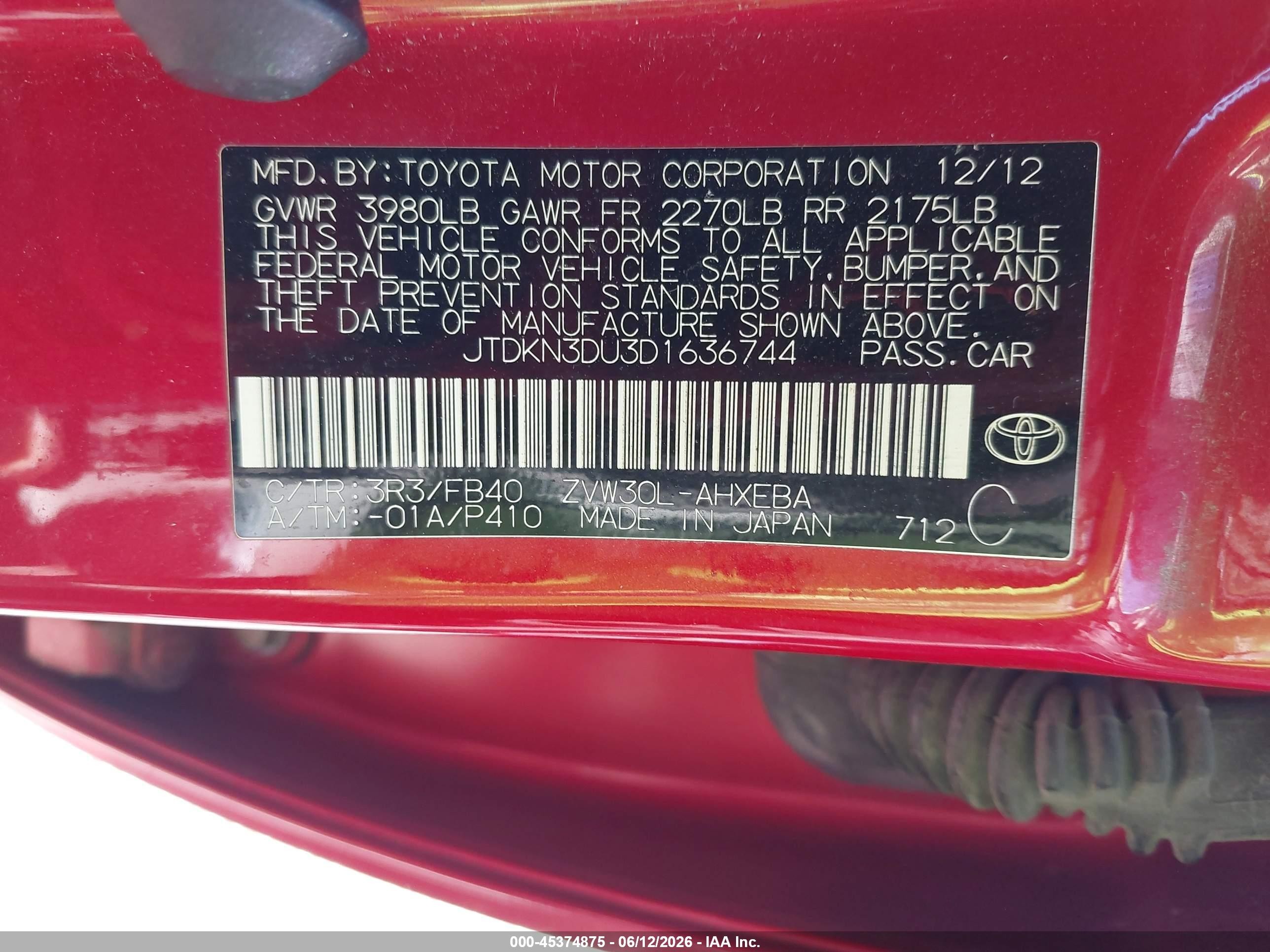 2013 Toyota Prius Two Red vin: JTDKN3DU3D1636744