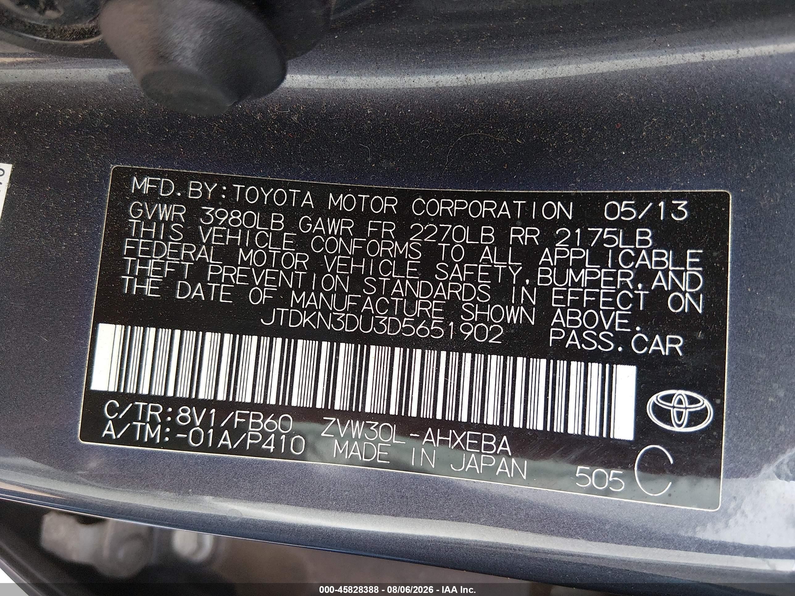 2013 Toyota Prius Two Gray vin: JTDKN3DU3D5651902