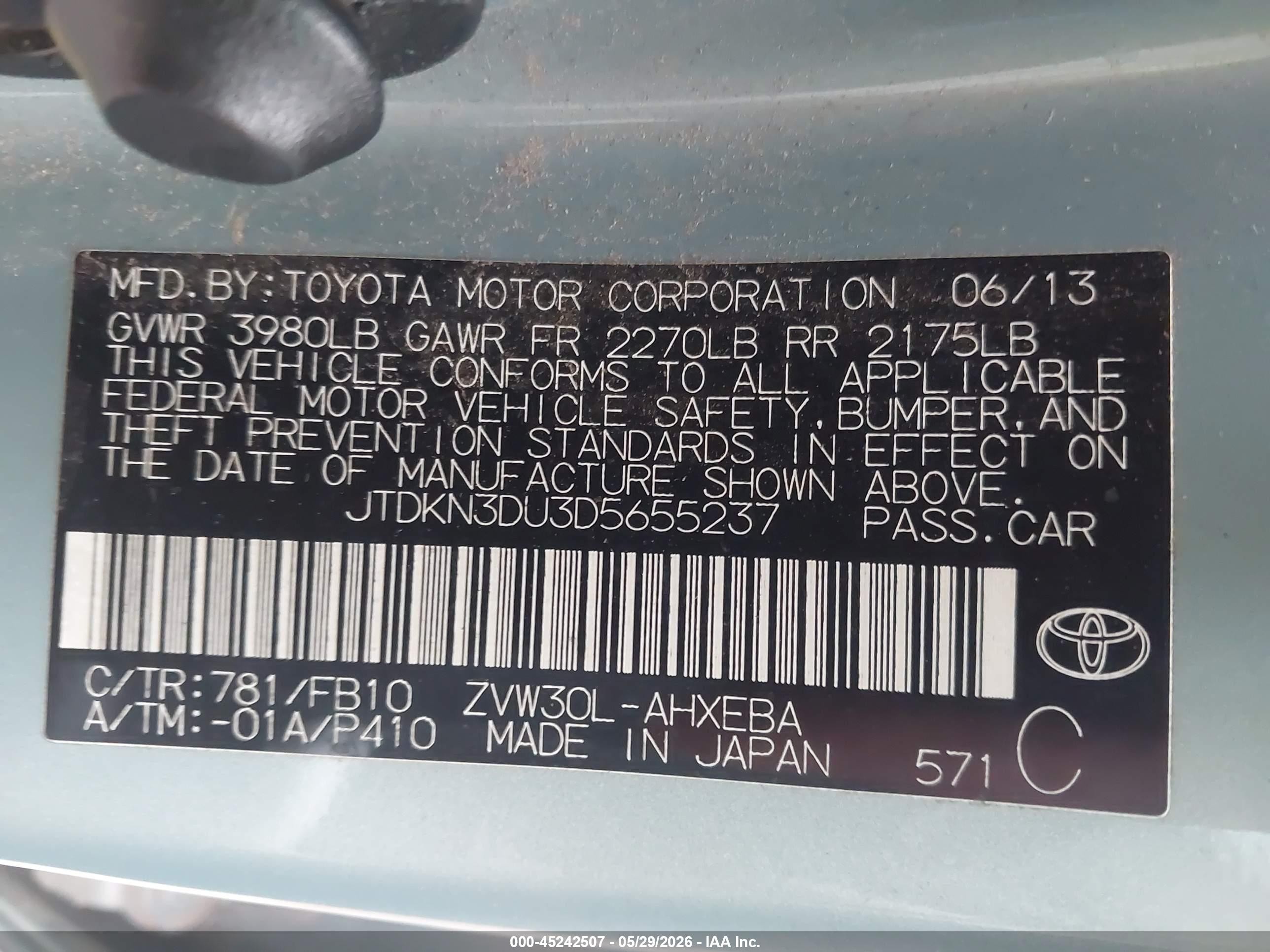 2013 Toyota Prius Two Teal vin: JTDKN3DU3D5655237