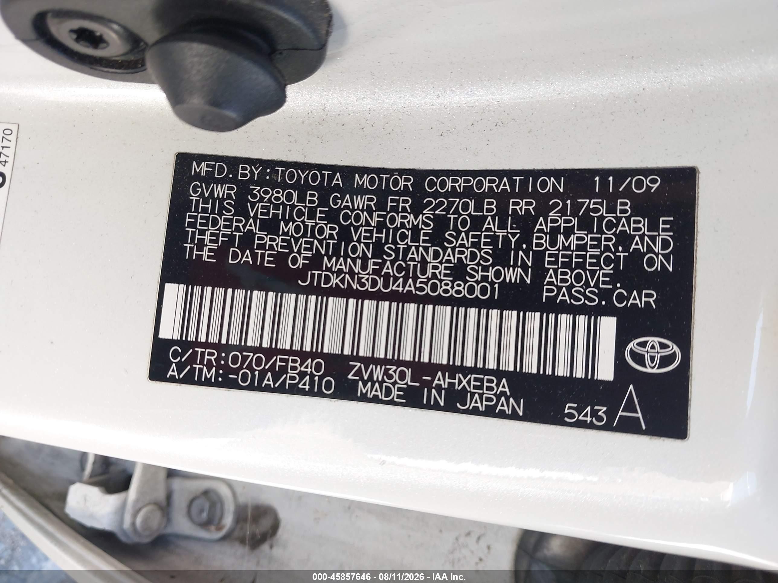 2010 Toyota Prius White vin: JTDKN3DU4A5088001
