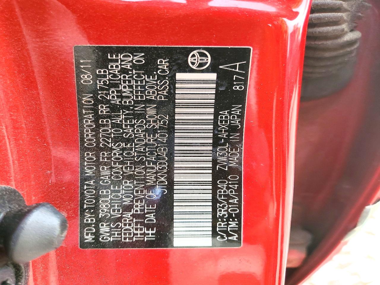 2011 Toyota Prius Red vin: JTDKN3DU4B1401752