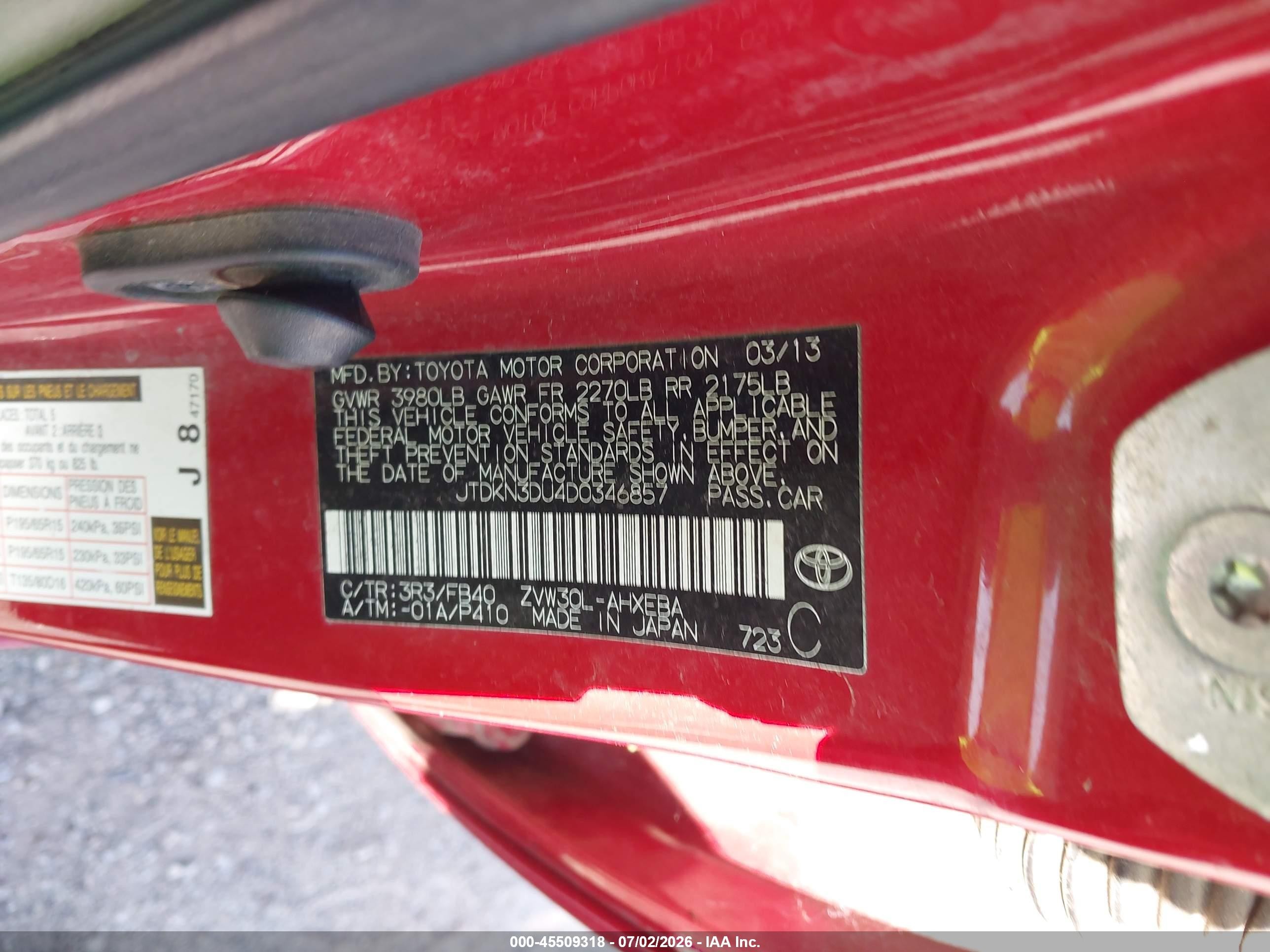 2013 Toyota Prius Two Red vin: JTDKN3DU4D0346857