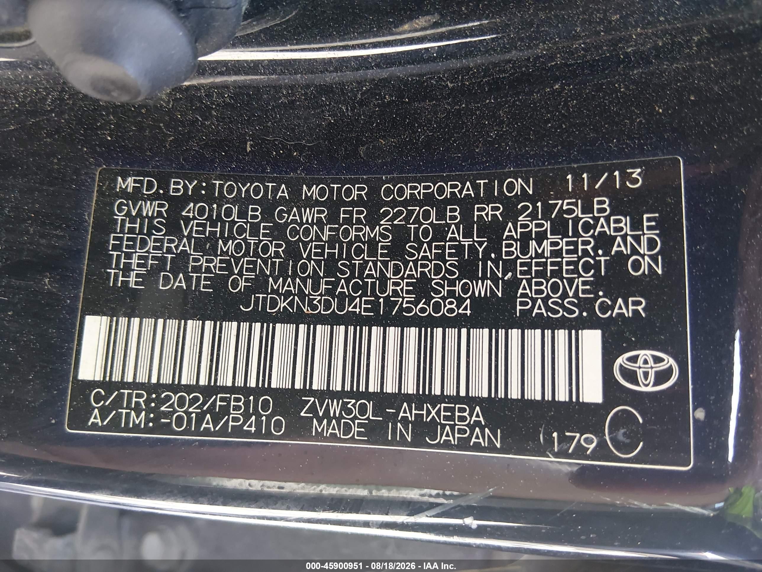 2014 Toyota Prius Two Black vin: JTDKN3DU4E1756084