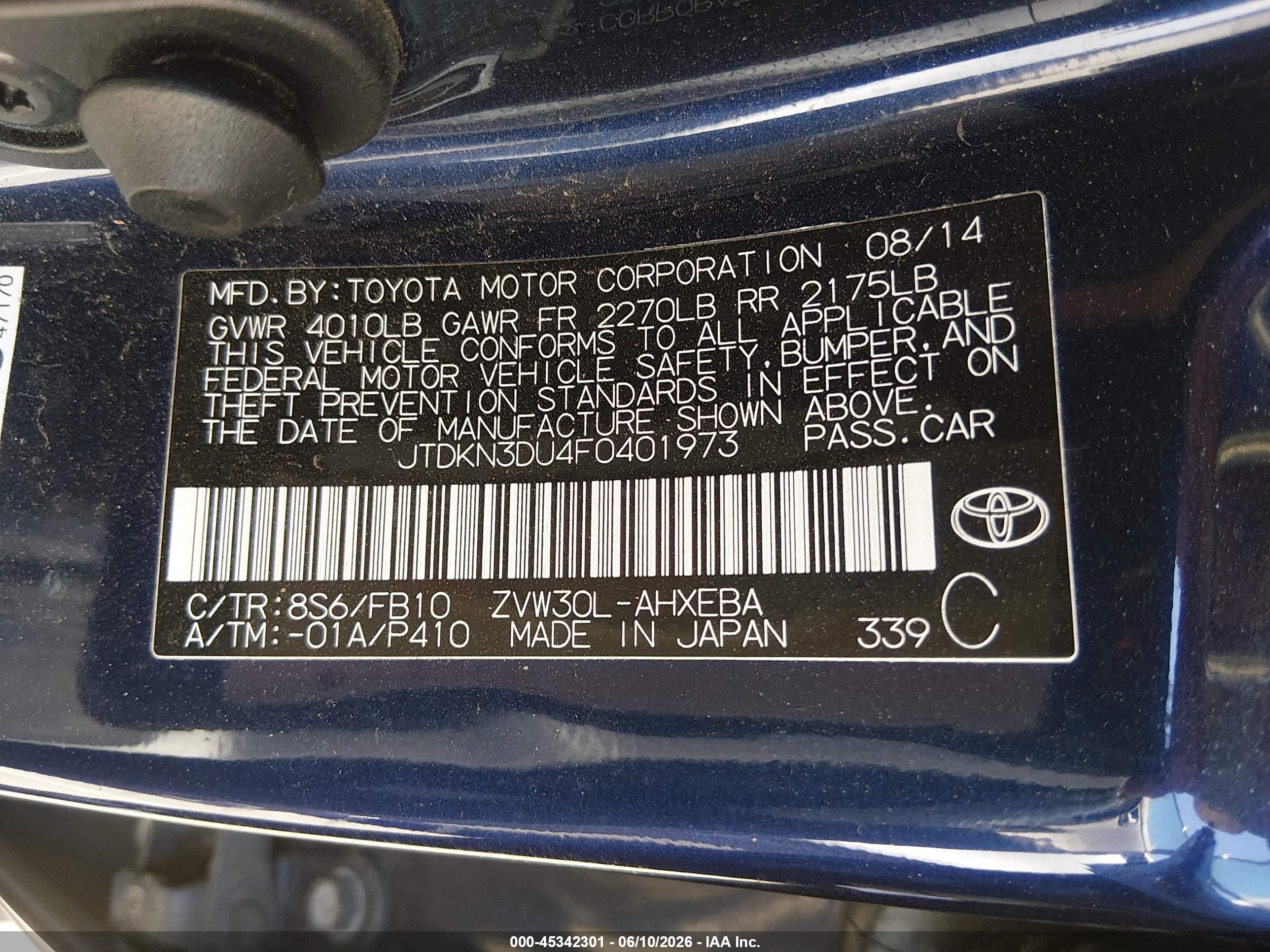 2015 Toyota Prius Two Dark Blue vin: JTDKN3DU4F0401973