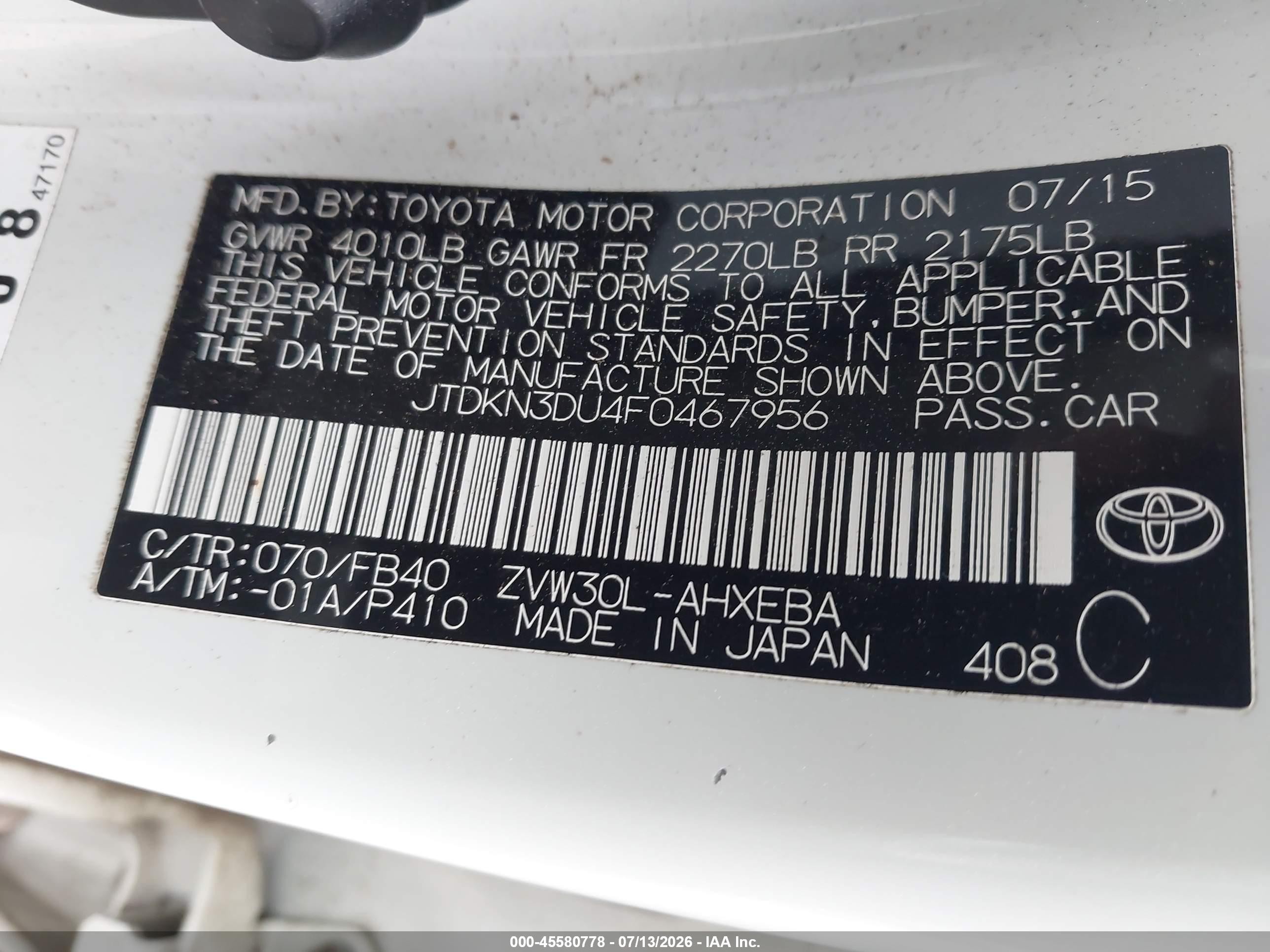 2015 Toyota Prius Two White vin: JTDKN3DU4F0467956