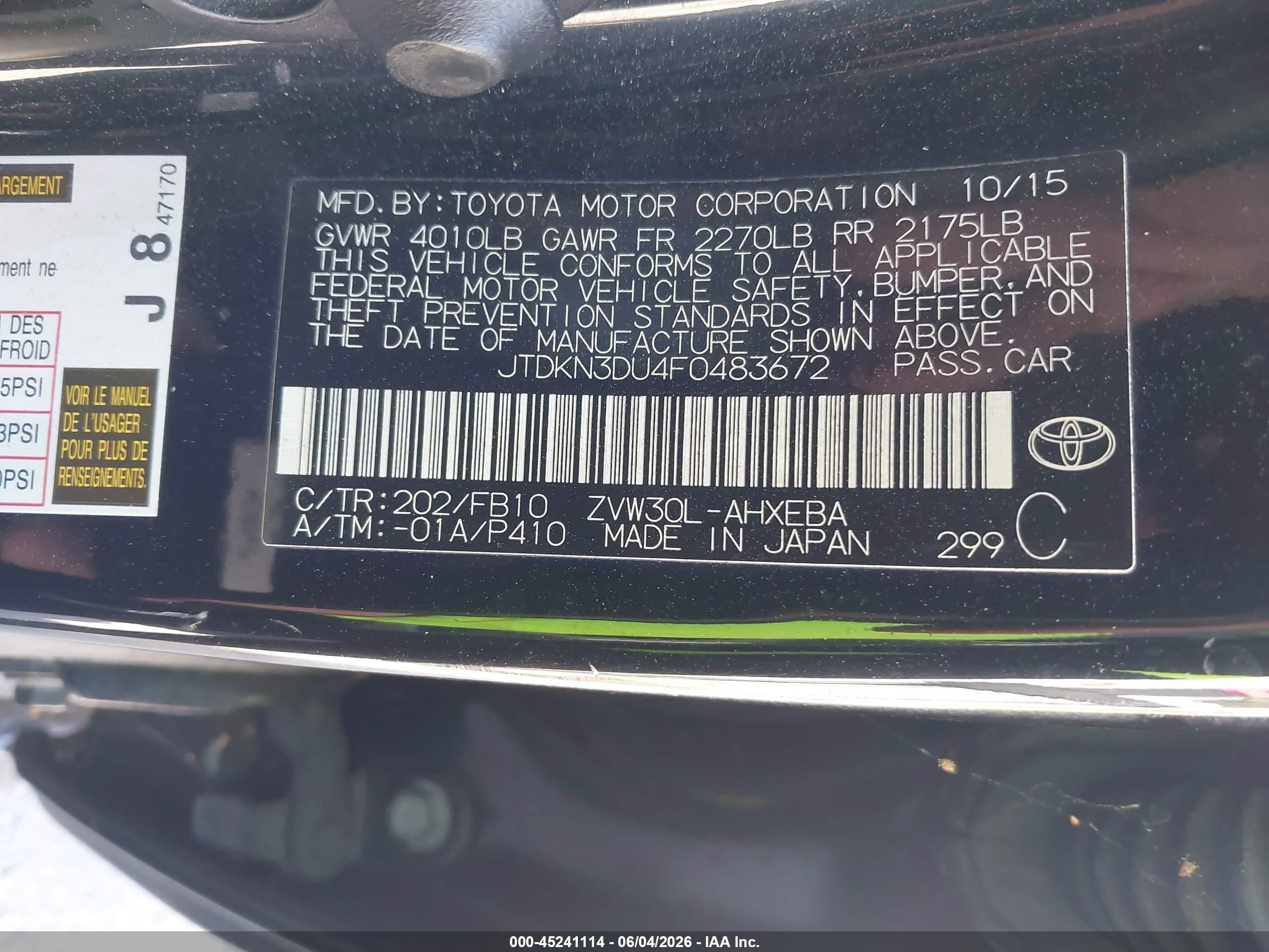 2015 Toyota Prius   Black vin: JTDKN3DU4F0483672