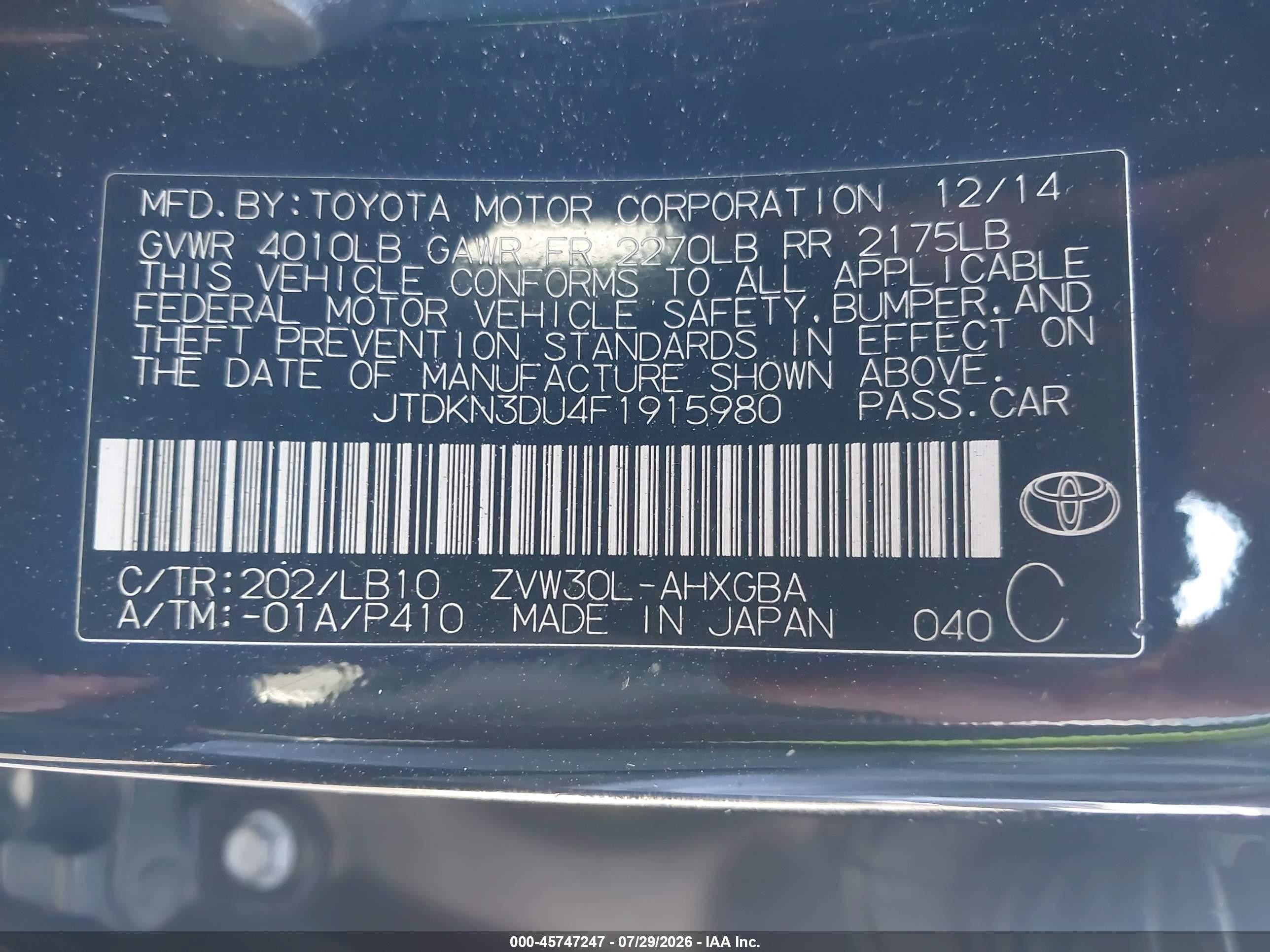 2015 Toyota Prius Four Black vin: JTDKN3DU4F1915980
