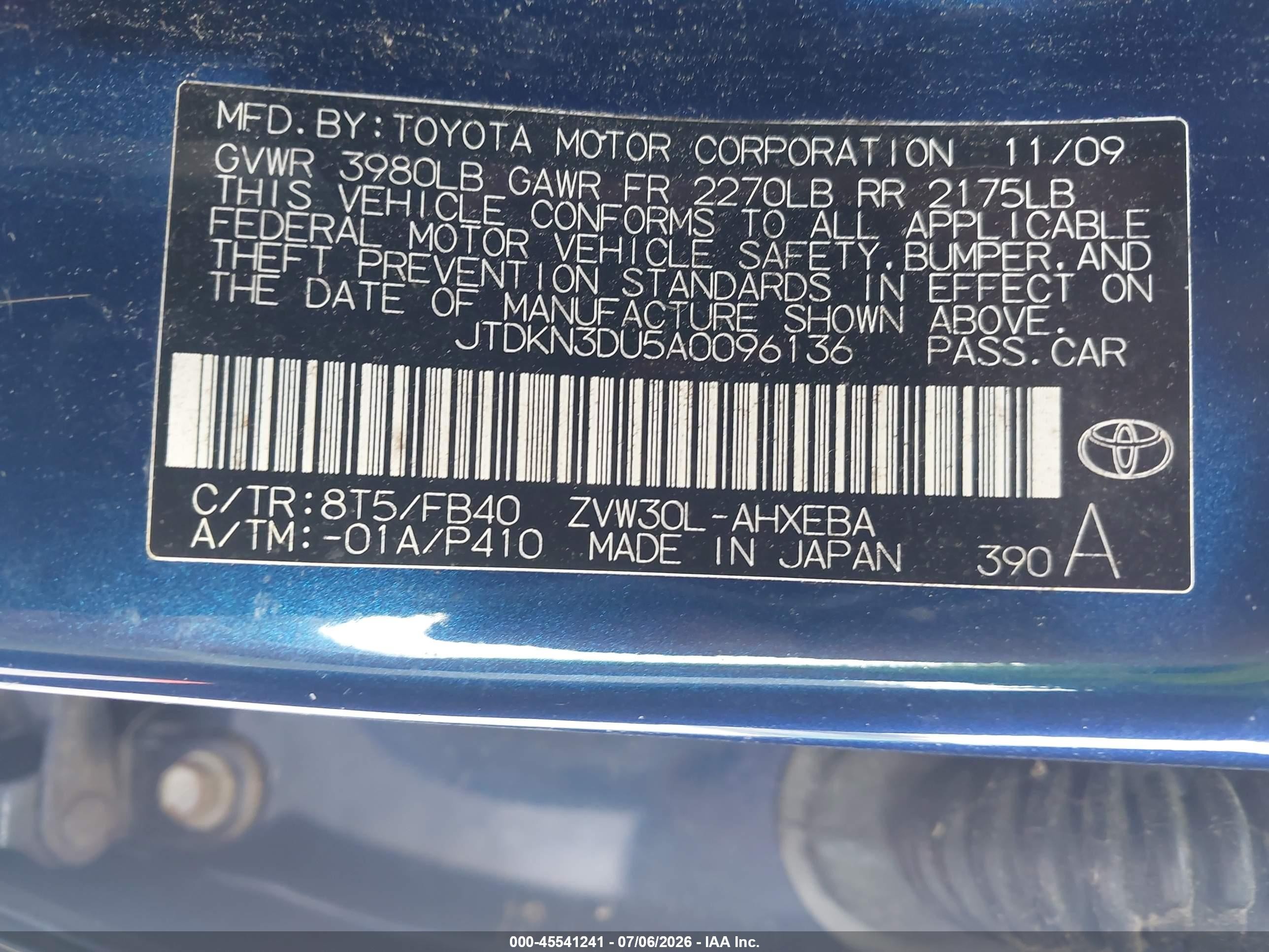 2010 Toyota Prius Ii Blue vin: JTDKN3DU5A0096136