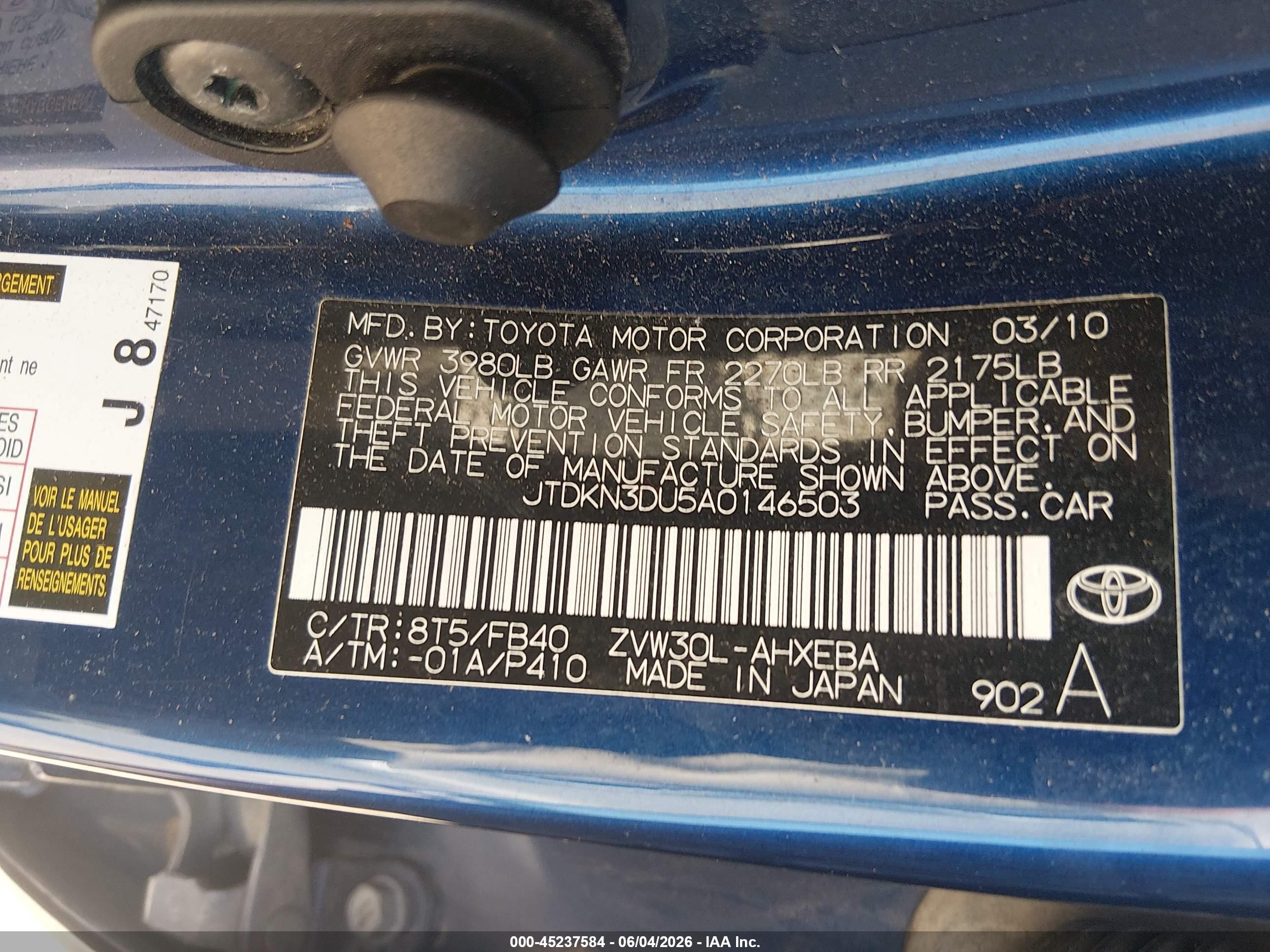 2010 Toyota Prius Iii Blue vin: JTDKN3DU5A0146503