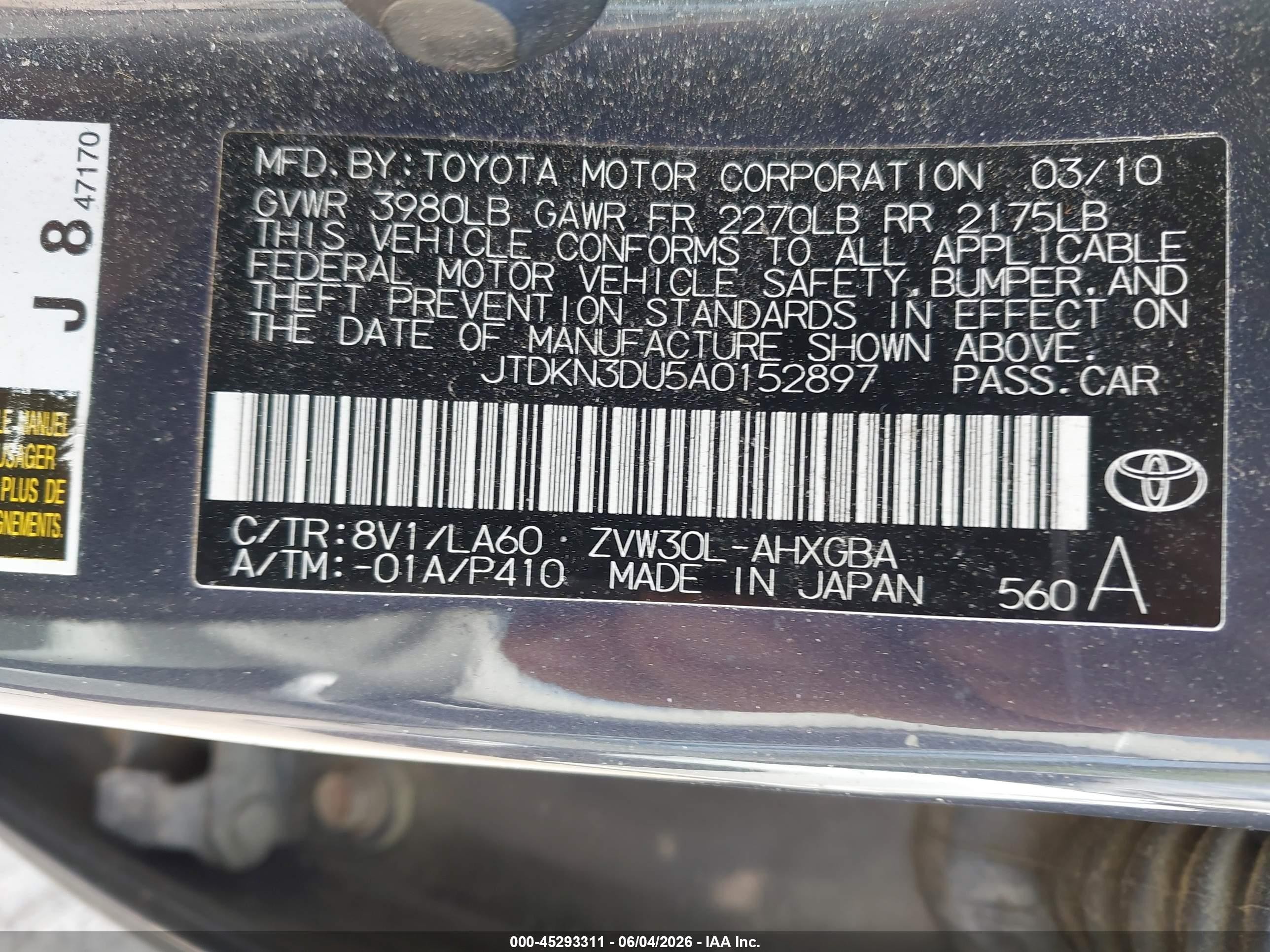 2010 Toyota Prius Iv Gray vin: JTDKN3DU5A0152897