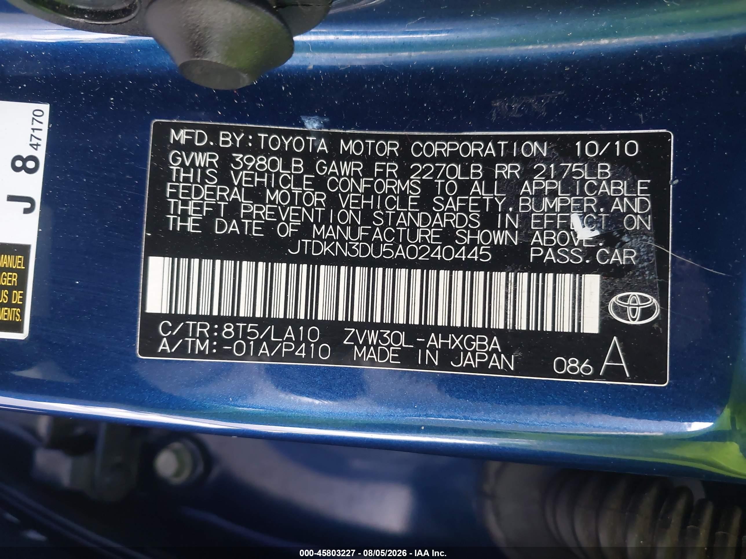 2010 Toyota Prius Iv Blue vin: JTDKN3DU5A0240445