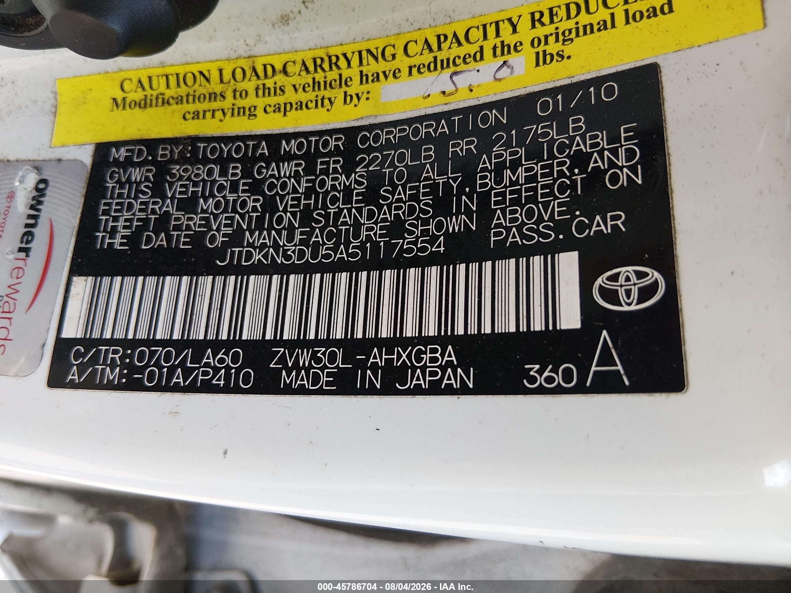 2010 Toyota Prius Iv White vin: JTDKN3DU5A5117554