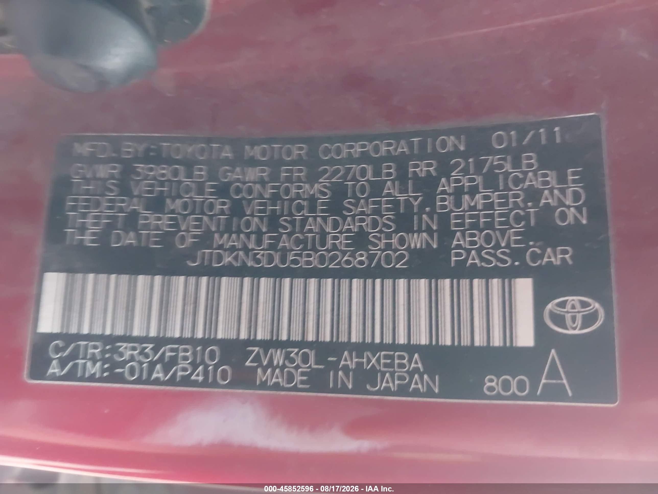 2011 Toyota Prius Two Red vin: JTDKN3DU5B0268702