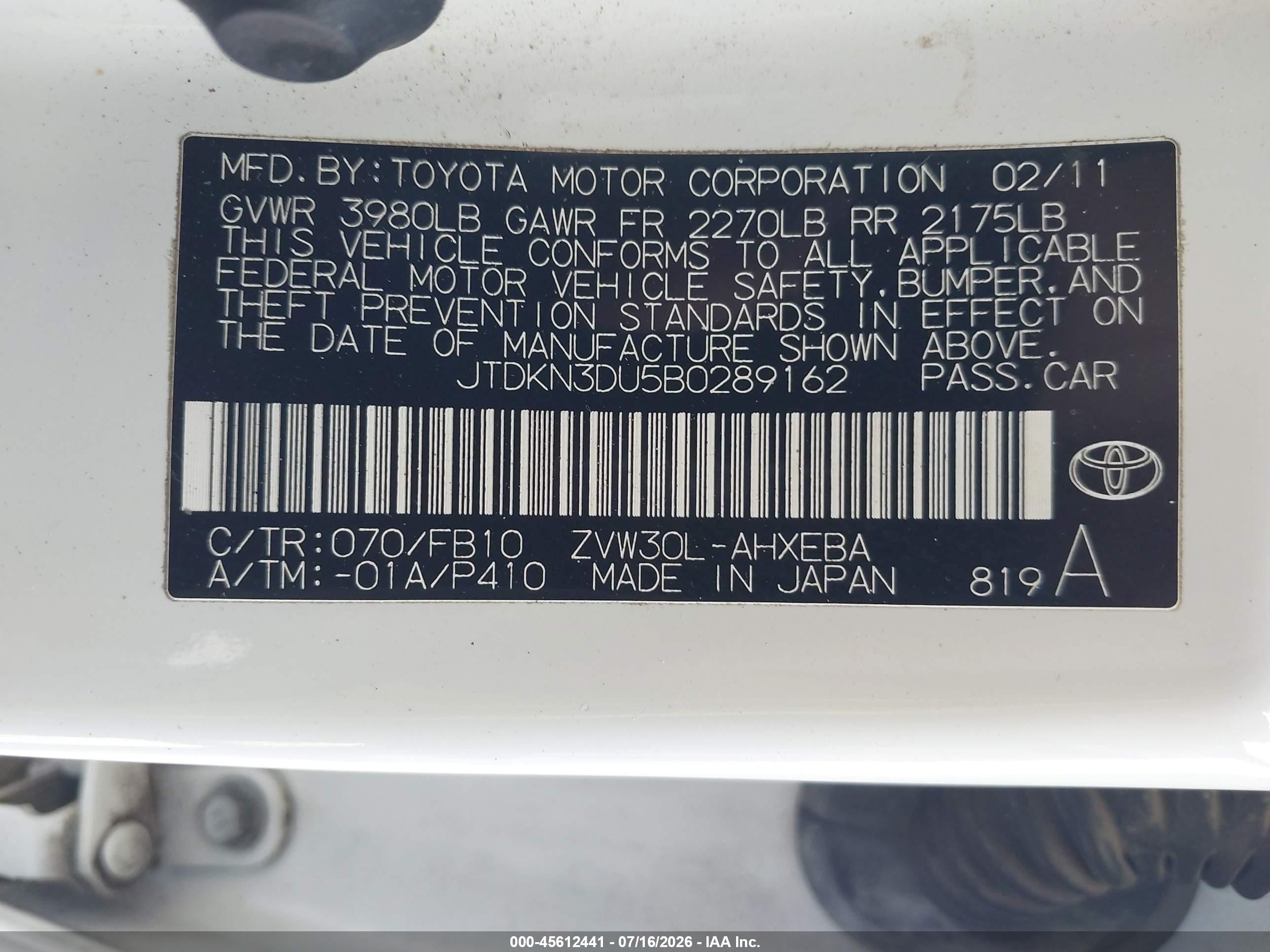 2011 Toyota Prius Three White vin: JTDKN3DU5B0289162