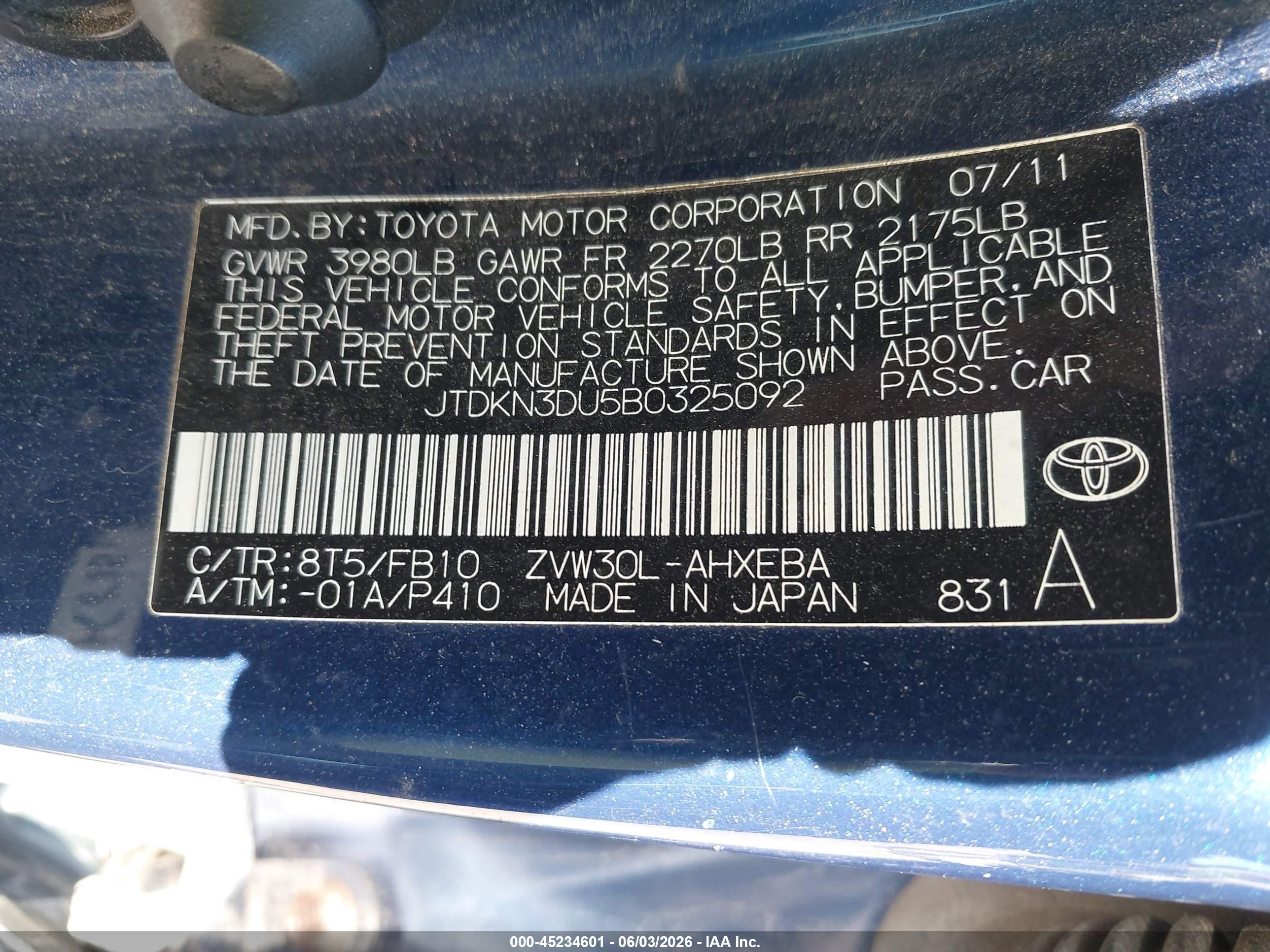 2011 Toyota Prius Three Blue vin: JTDKN3DU5B0325092